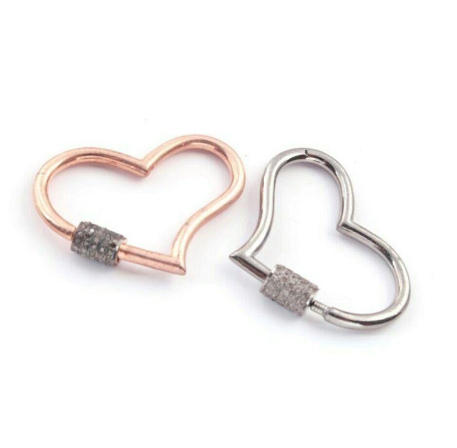 Women's or Men's 1 Pc Pave Diamond Heart Shape Carabiner Clasps 925 Sterling Silver Diamond Lock. For Sale