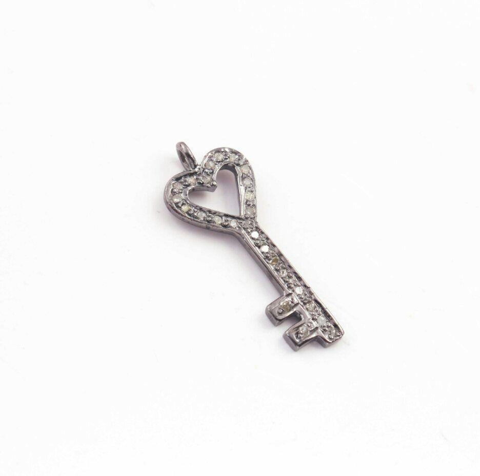 Art Deco 1 Pc Pave Diamond Lock Key Charm Pendant 925 Sterling Silver Diamond Findings. For Sale