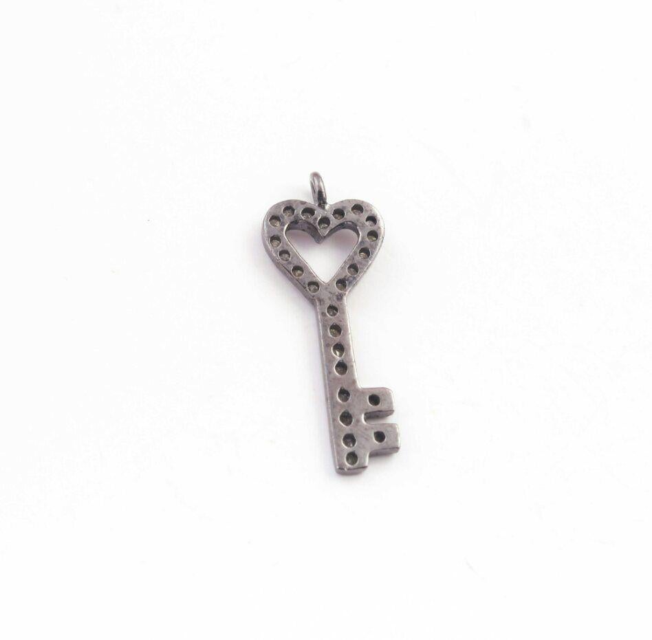 Uncut 1 Pc Pave Diamond Lock Key Charm Pendant 925 Sterling Silver Diamond Findings. For Sale