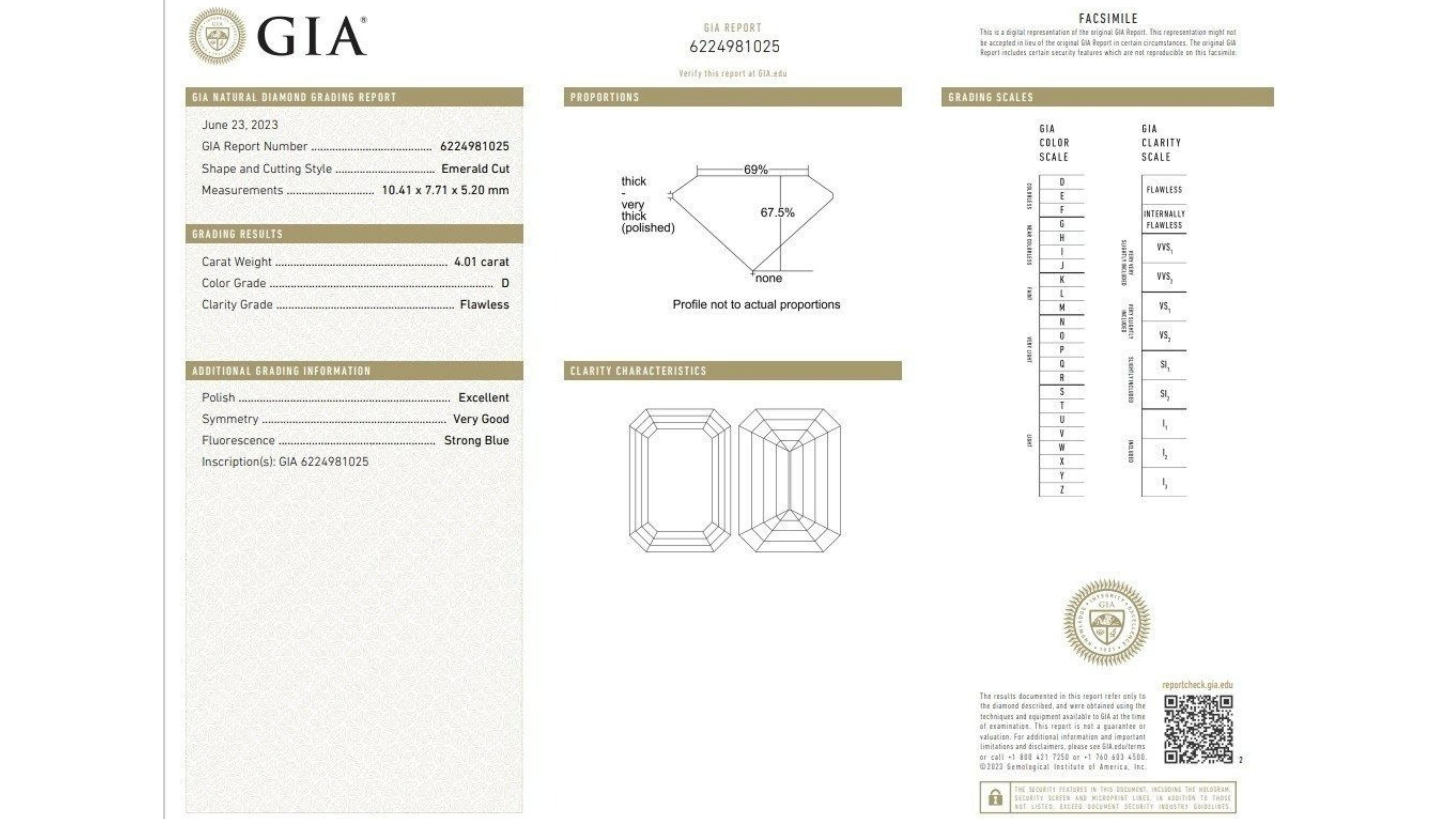 This stunning diamond is sure to turn heads. It features a sparkling 4.01 carat emerald cut diamond with a D color, Flawless clarity, and VG cut grade. The diamond comes with a GIA certificate and a laser inscription number.

Cut: Emerald
Color: