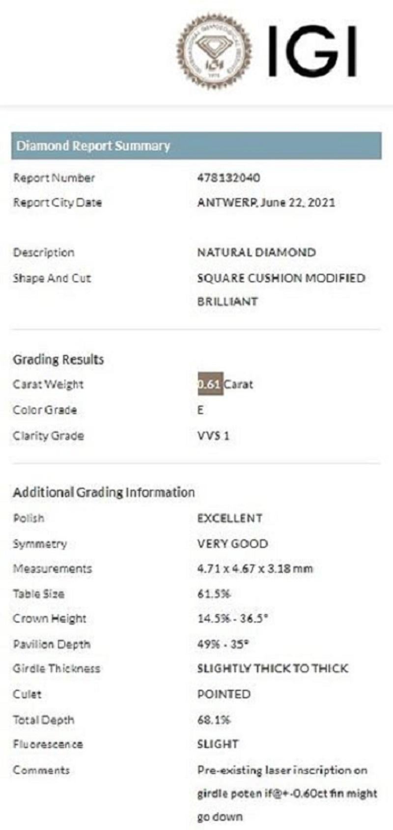 Natural and Brilliant Cushion cut diamond with a 0.61 carat E VVS1 grading By Igi Lab the Diamond comes with IGI Certificate sealed in a security Blister with security laser inscription number.

Ideal Cut

Sku: P-253