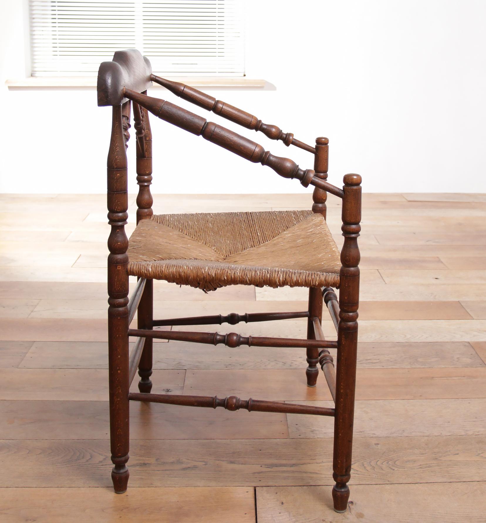 1 Rare Antique Dutch Oak Rush Seat Armchair For Sale 8