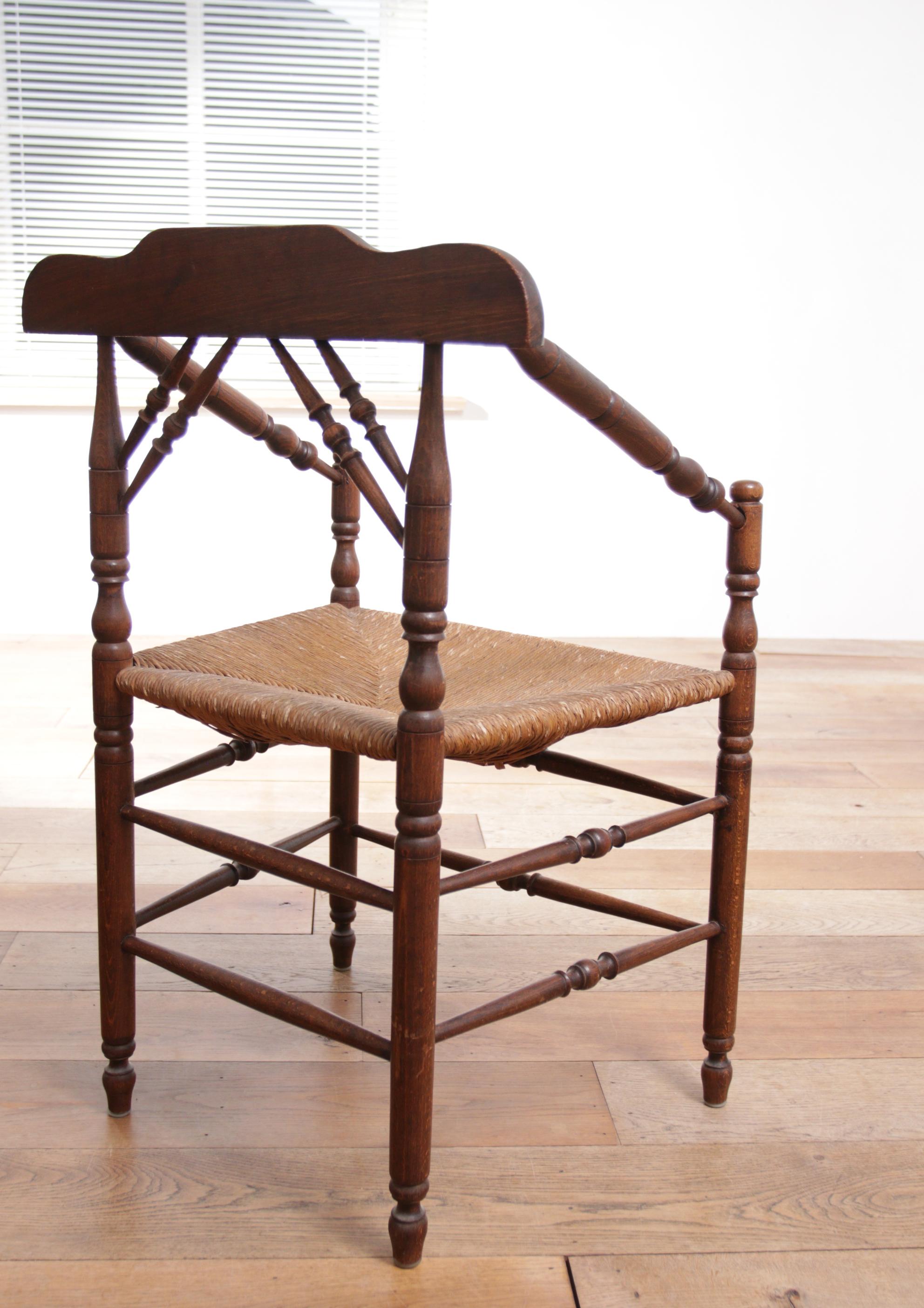 1 Rare Antique Dutch Oak Rush Seat Armchair For Sale 10