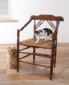 1 Rare Antique Dutch Oak Rush Seat Armchair