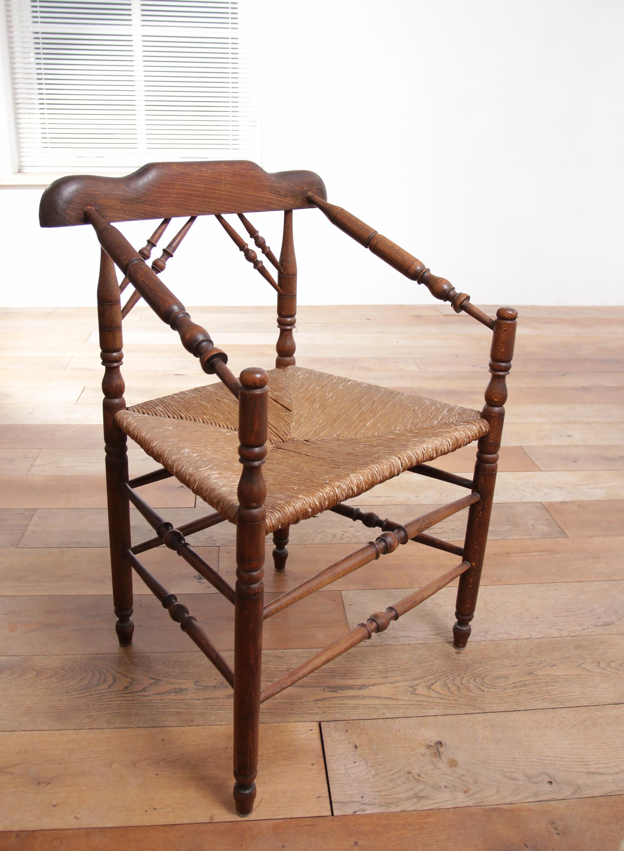 1 Rare Antique Dutch Oak Rush Seat Armchair For Sale 4