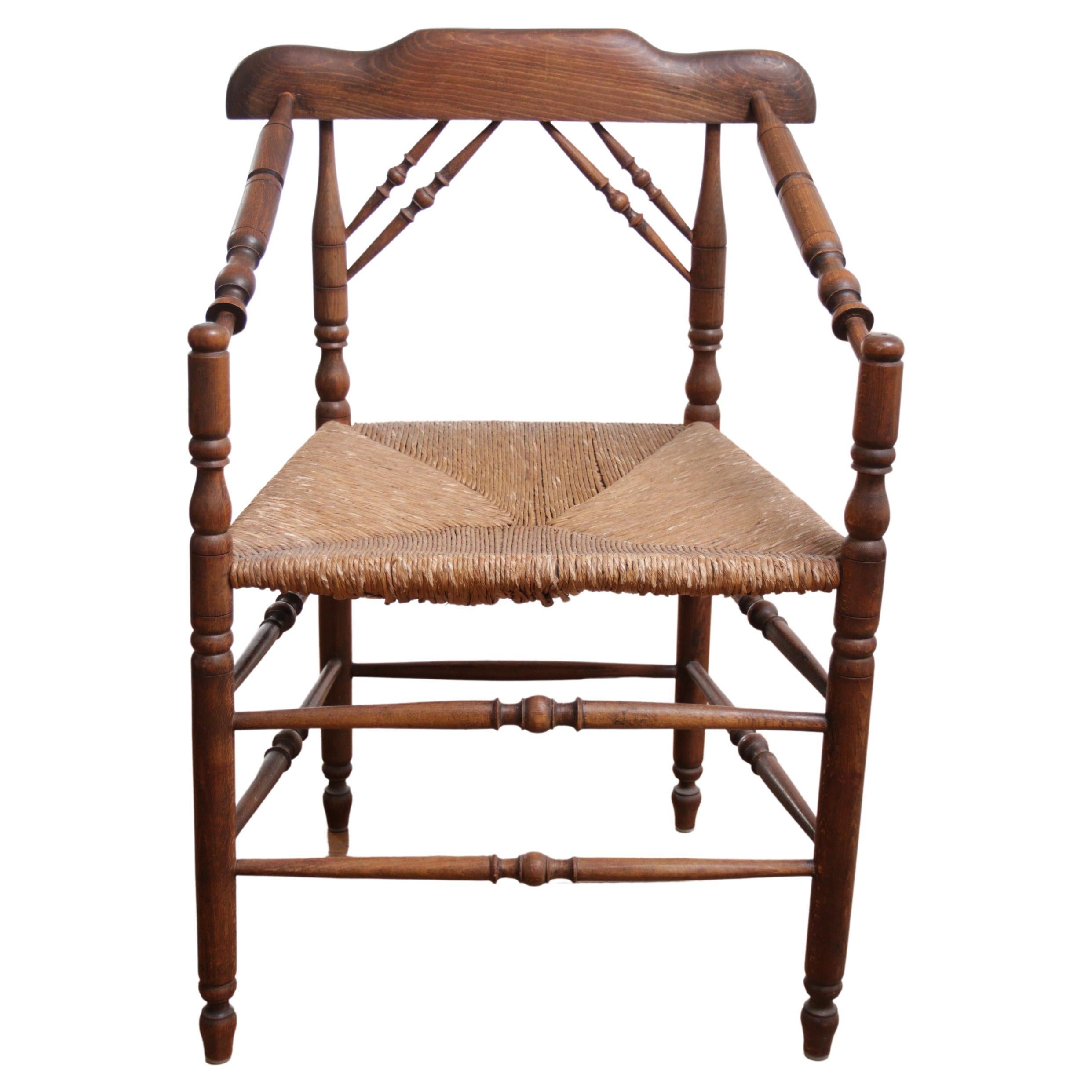 1 Rare Antique Dutch Oak Rush Seat Armchair