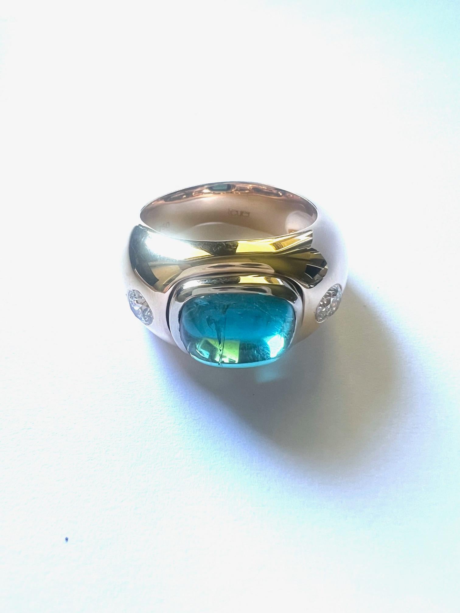 Contemporary 1 Ring (men's ring) in 750/Rose-+Whitegold with 1 Tourmaline Cab. + Diamonds For Sale
