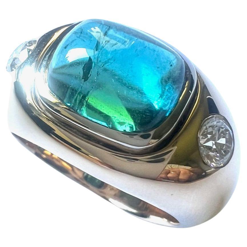 1 Ring (men's ring) in 750/Rose-+Whitegold with 1 Tourmaline Cab. + Diamonds For Sale