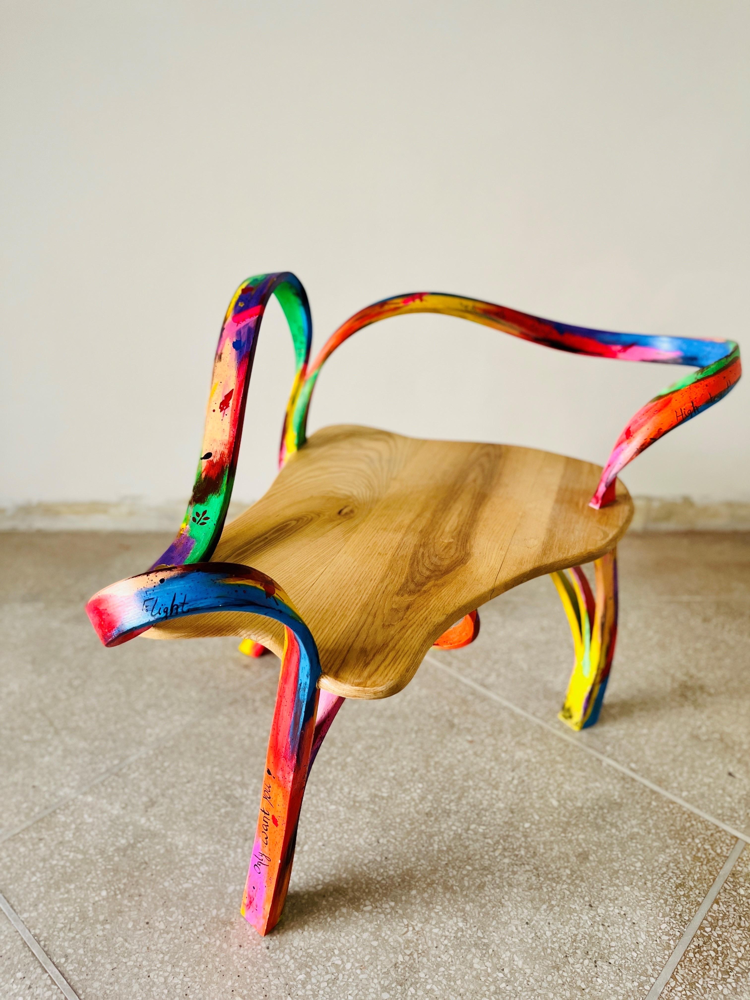 A single-seater chair designed and produced by Raka Studio and finished in collaboration with Hamza Khan Shirwani.

Made in solid ashwood by bending wood. Three of the legs have been made using the wood-bending technique to adopt an abstract natural