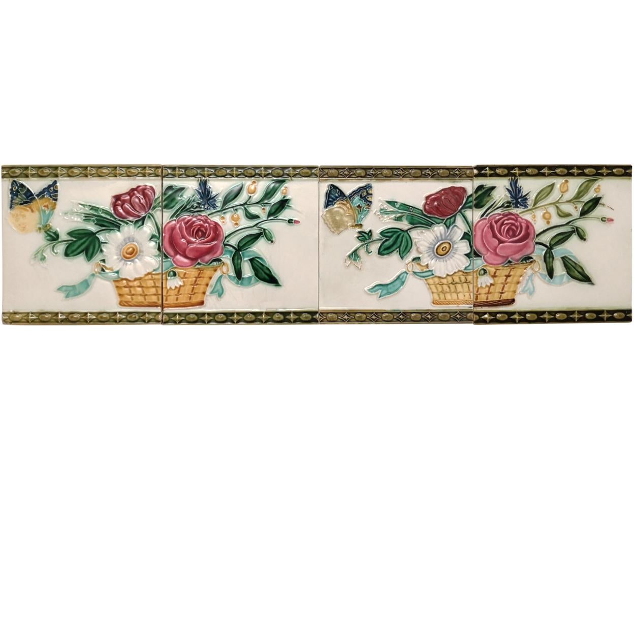 Beautiful wall tiles with an image of a butterfly and flower basket, trimmed with a beautiful edge. Manufactured around 1900, Morialme, Belgium.
Two tiles together form 1 image. There are 17 sets of two images + 1 extra, total 5.25 meters in length