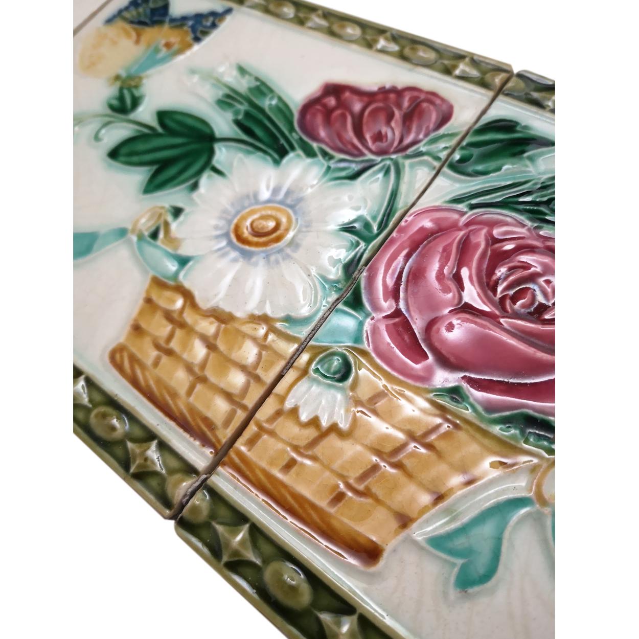 Glazed 1 Set '2 Tiles' from the 17 Sets Art Nouveau Relief Tiles, Morialmé, 1900 For Sale