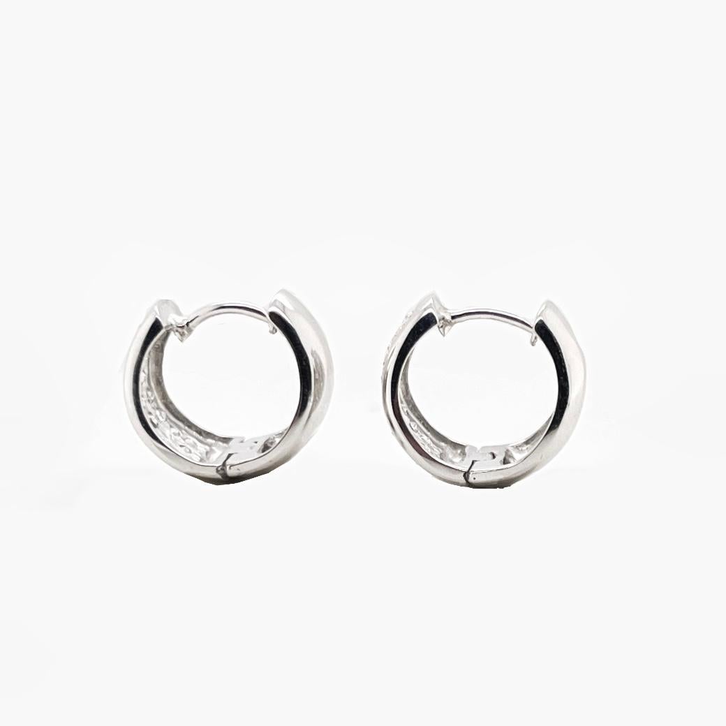 Round Cut 1 TCW Diamond Huggie Hoop Earrings in 18k White Gold For Sale