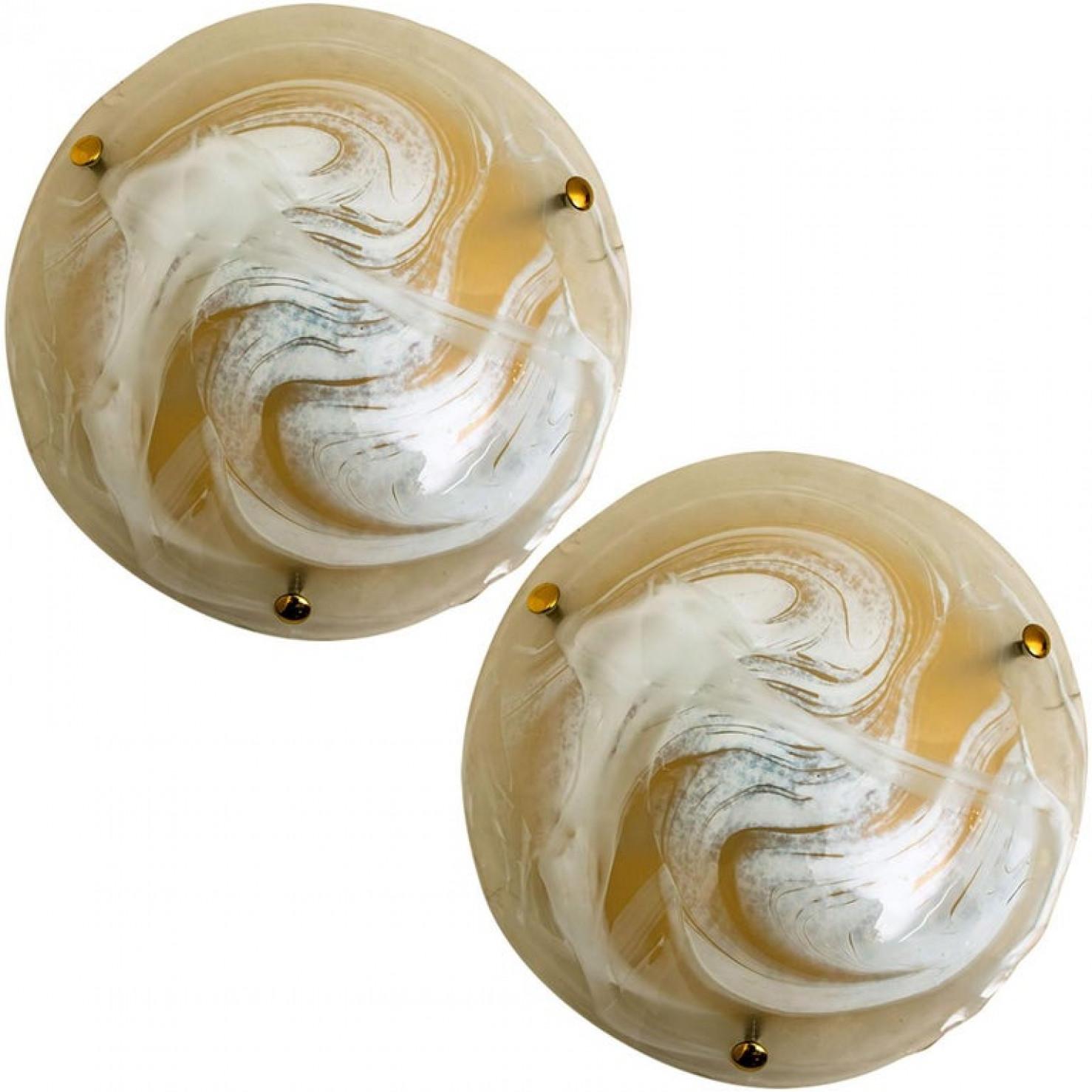 Mid-Century Modern 1 the 10 Brass Massive Murano Glass Wall Lights or Flush Mounts, 2 Sizes For Sale