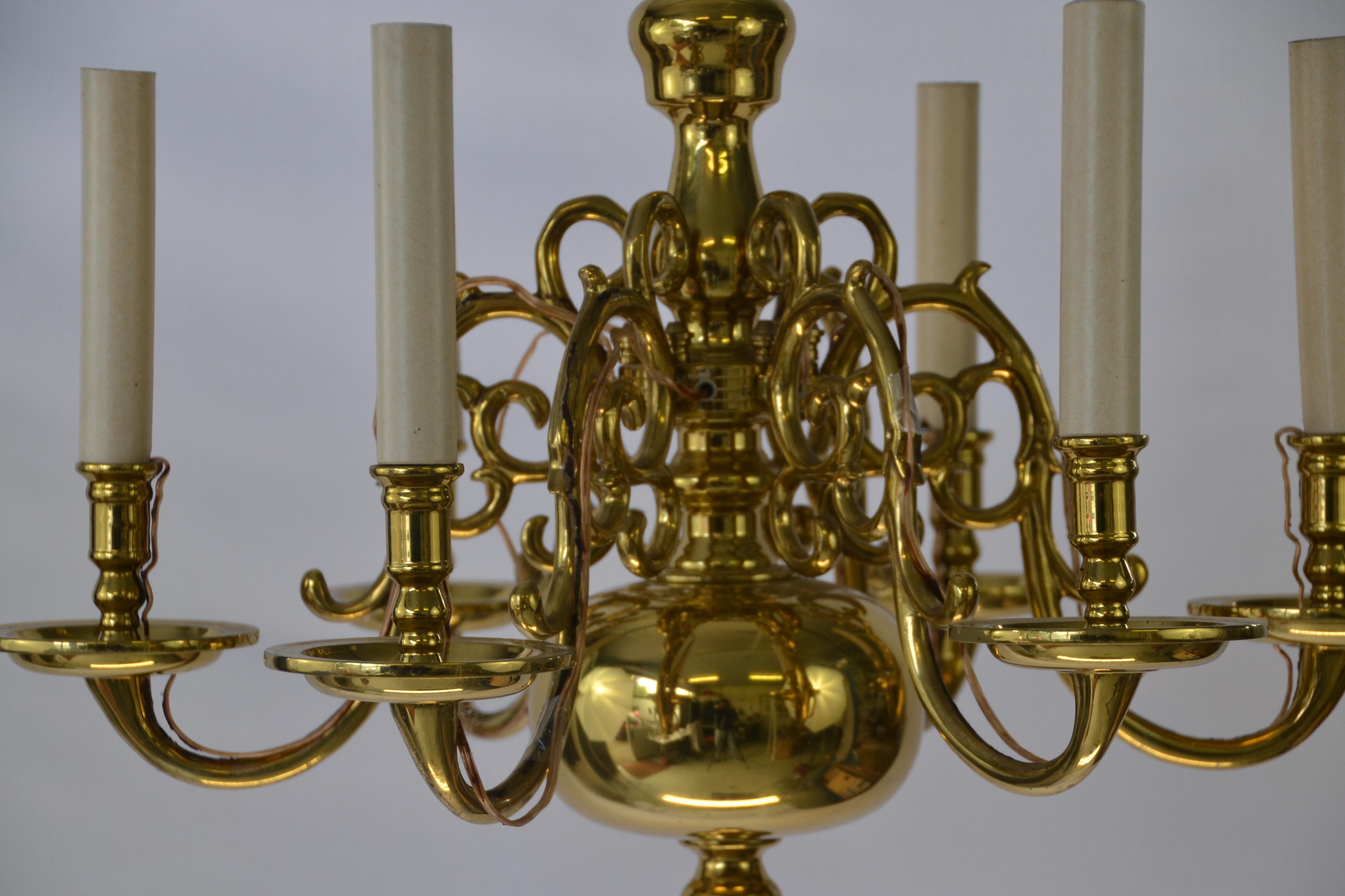 Dutch Colonial 1 Tier 17th Century Electric Model Dutch Brass Chandelier with 6 Lights H54xW57 For Sale