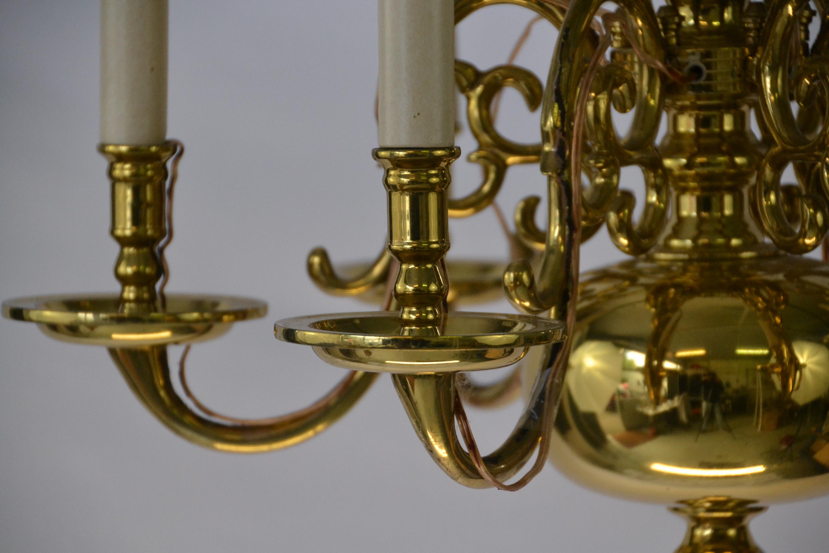 Cast 1 Tier 17th Century Electric Model Dutch Brass Chandelier with 6 Lights H54xW57 For Sale