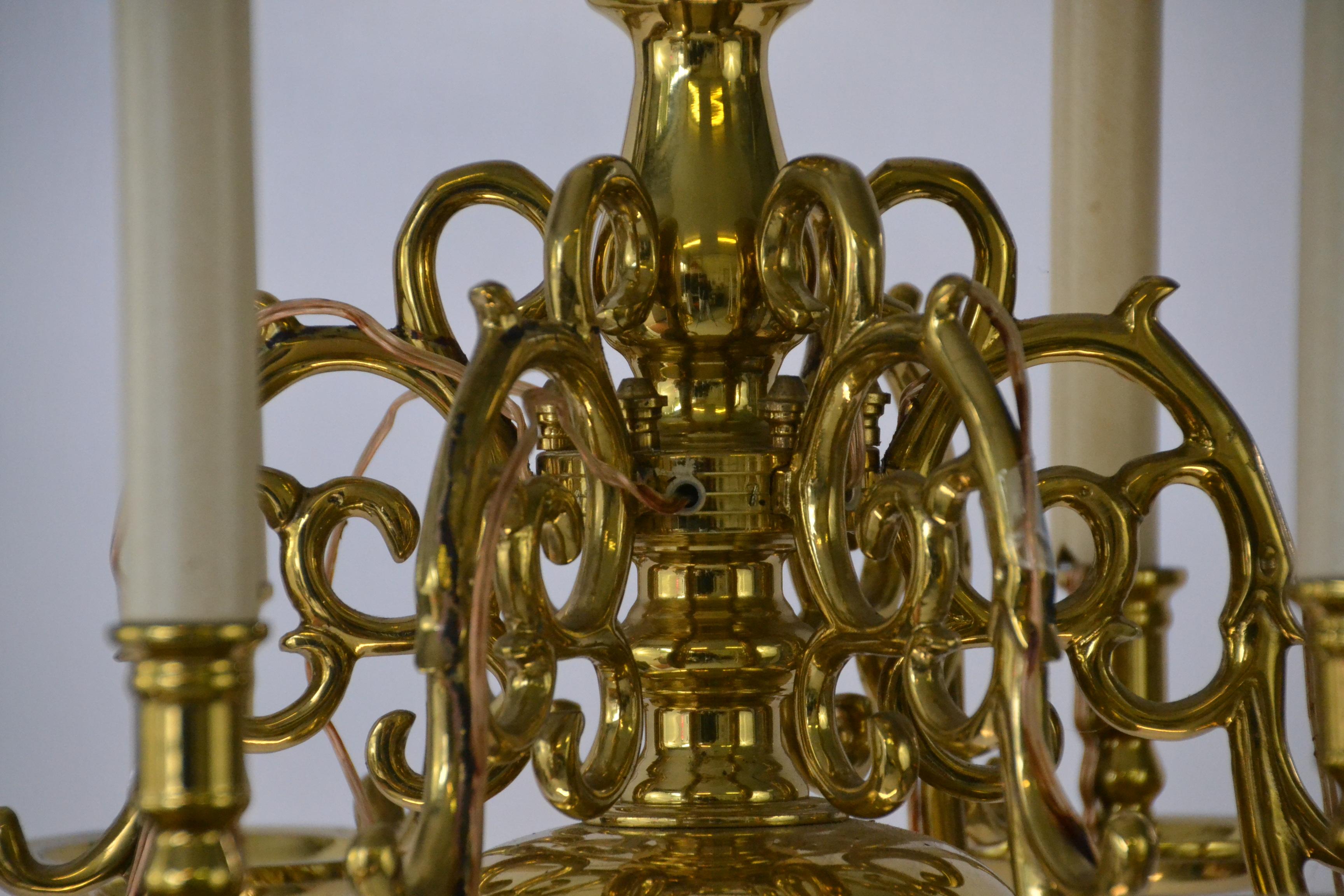 1 Tier 17th Century Electric Model Dutch Brass Chandelier with 6 Lights H54xW57 In Good Condition For Sale In AMSTERDAM, NL