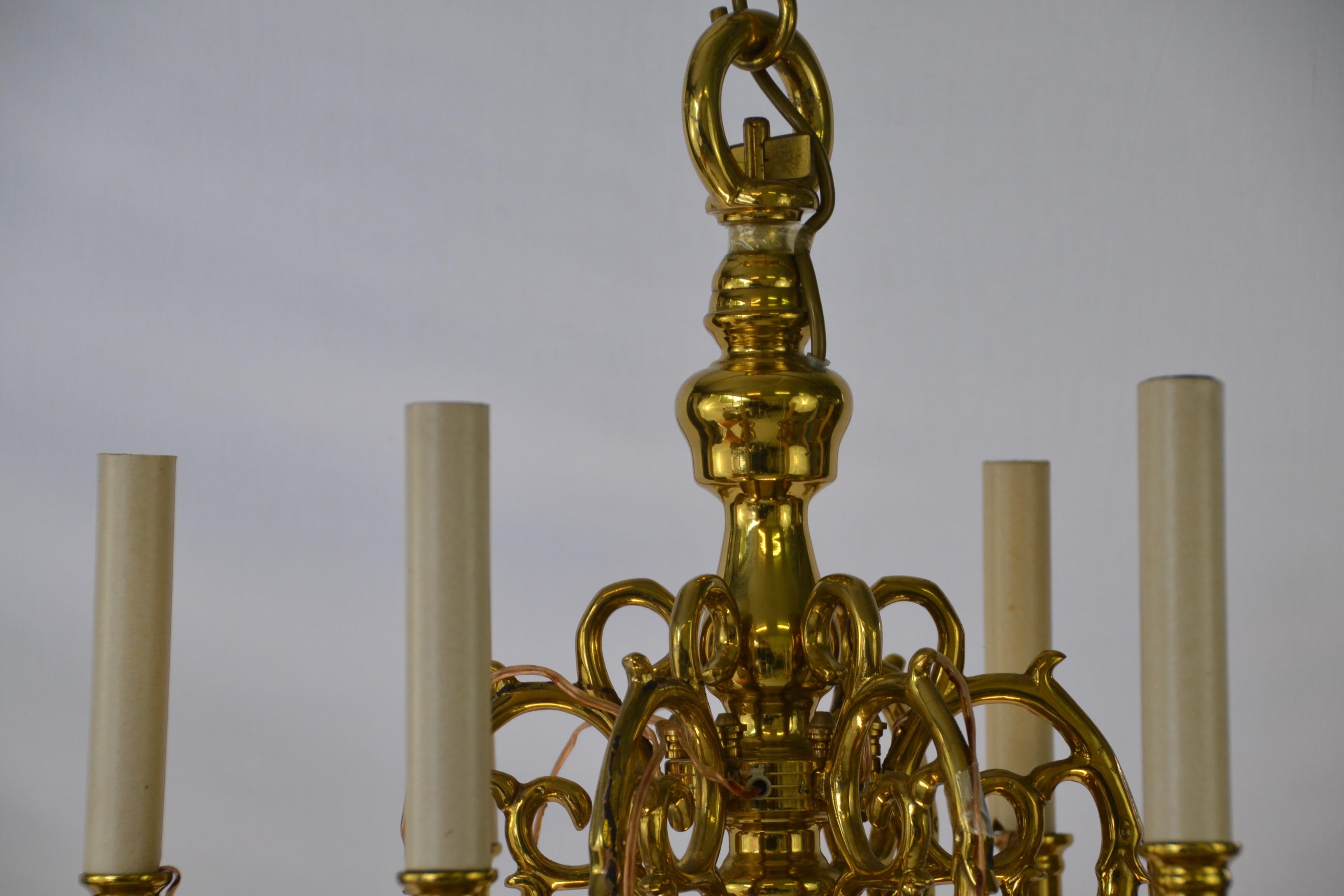 Contemporary 1 Tier 17th Century Electric Model Dutch Brass Chandelier with 6 Lights H54xW57 For Sale