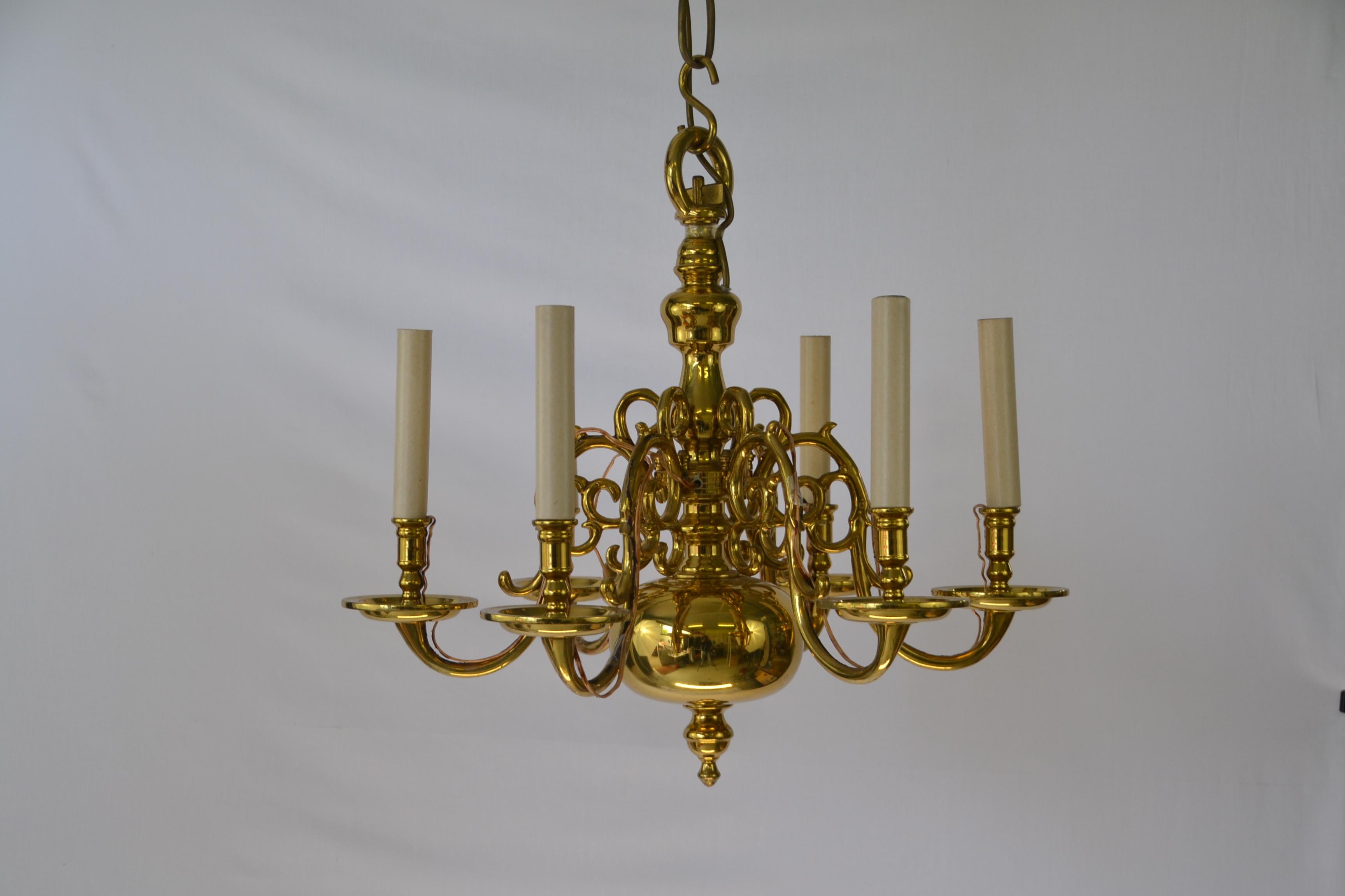 1 Tier 17th Century Electric Model Dutch Brass Chandelier with 6 Lights H54xW57 For Sale 1
