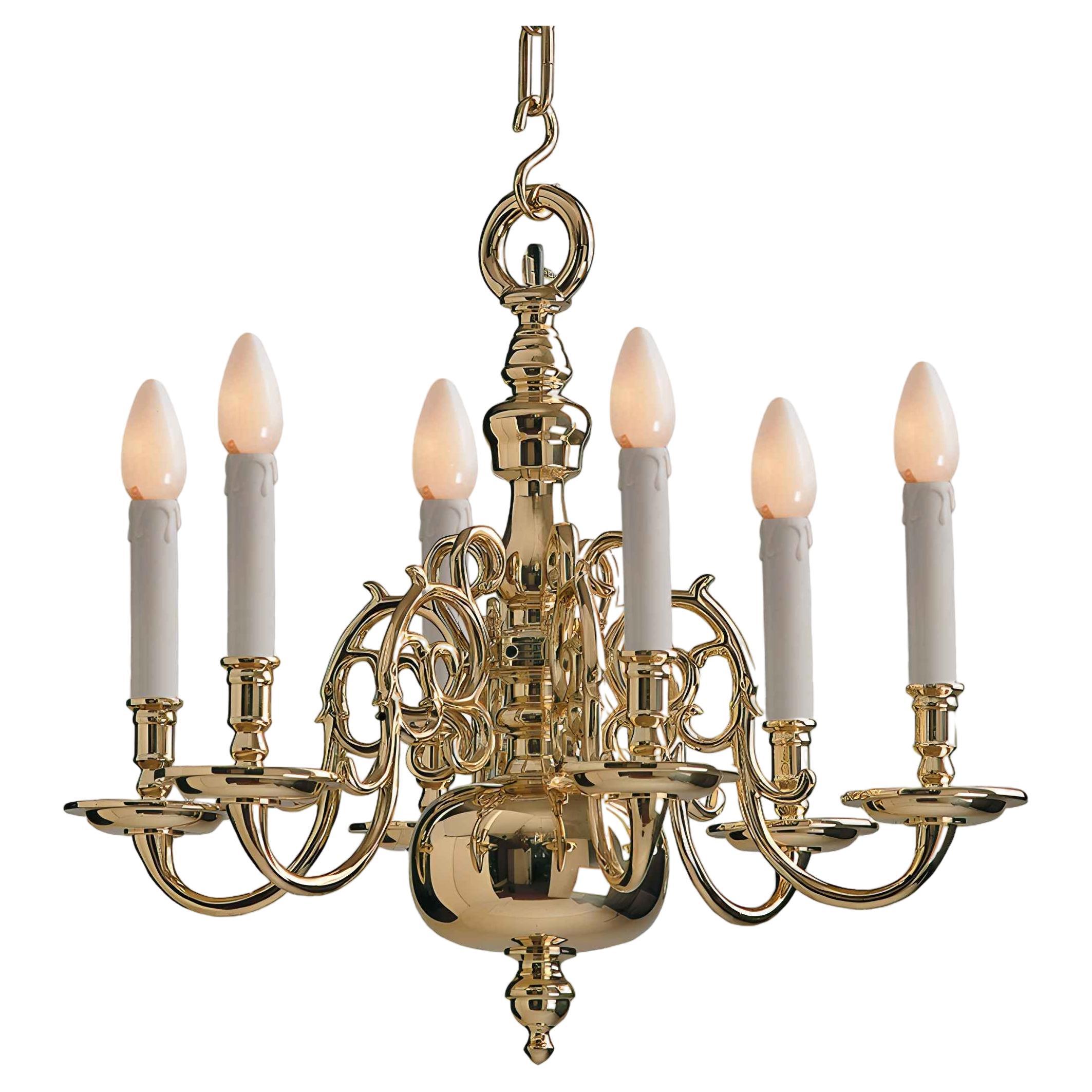 1 Tier 17th Century Electric Model Dutch Brass Chandelier with 6 Lights H54xW57 For Sale