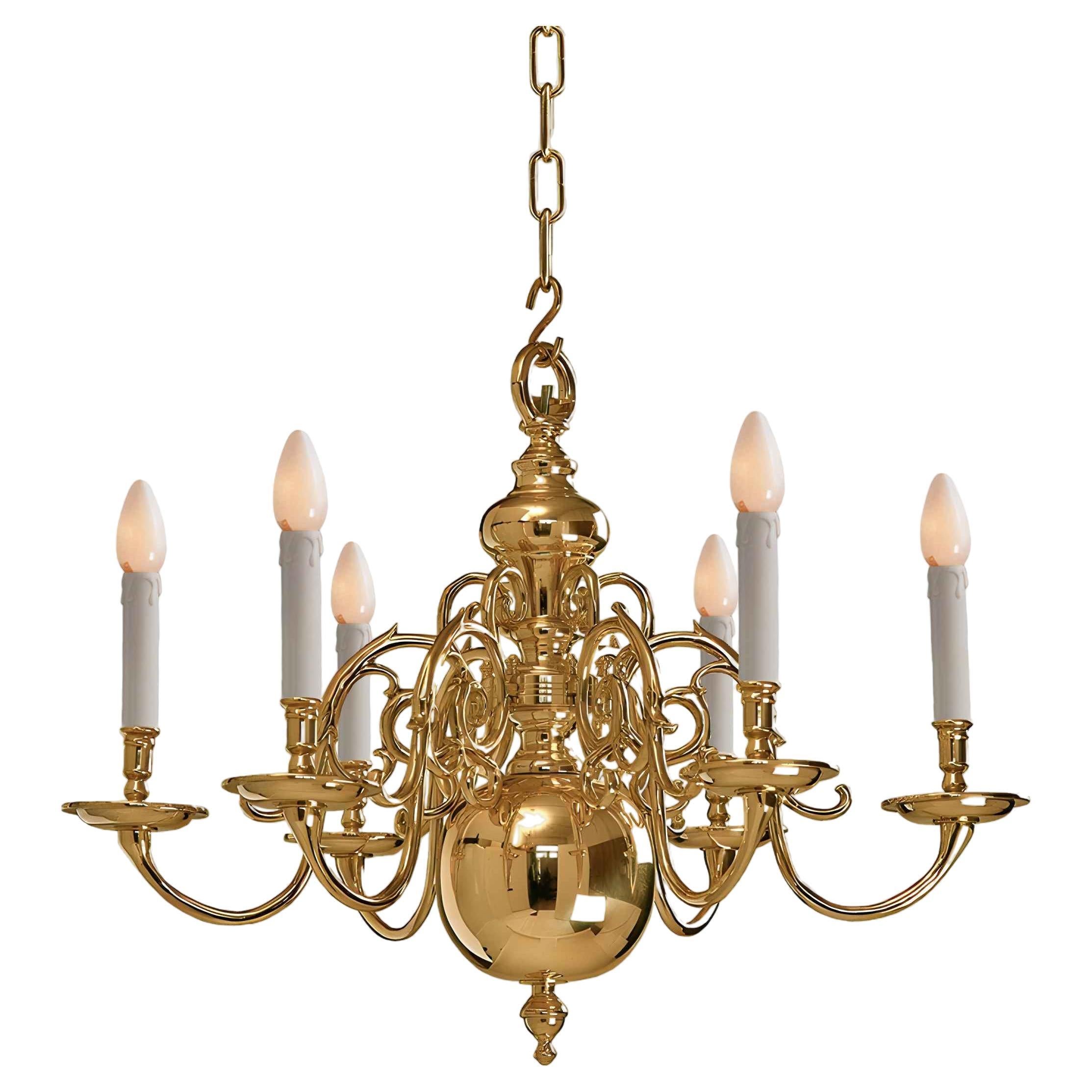 1 Tier 17th Century Electric Model Dutch Brass Chandelier with 6 Lights H62xW85 For Sale