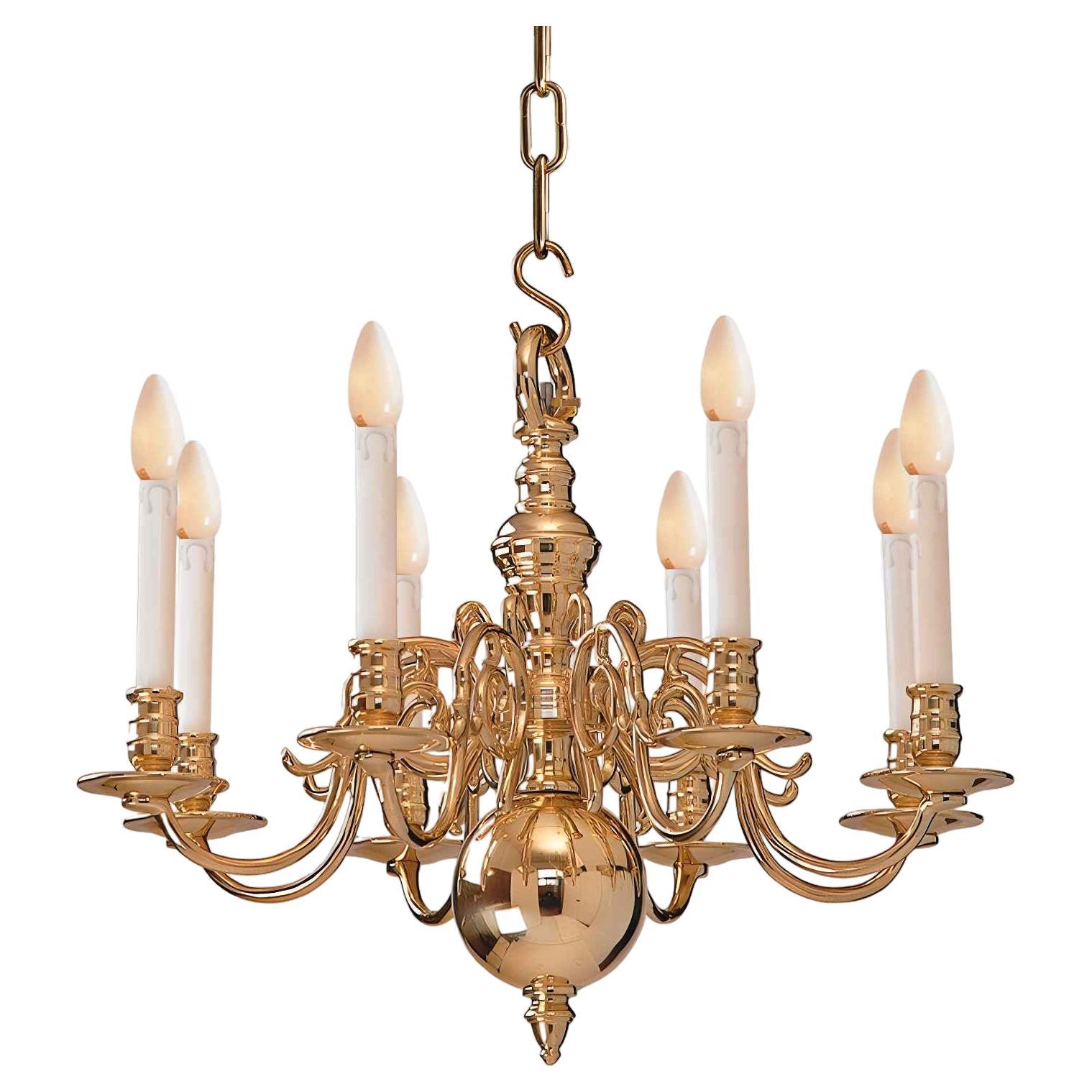 1 Tier 17th Century Electric Model Dutch Brass Chandelier with 8 Lights H60xW66 For Sale