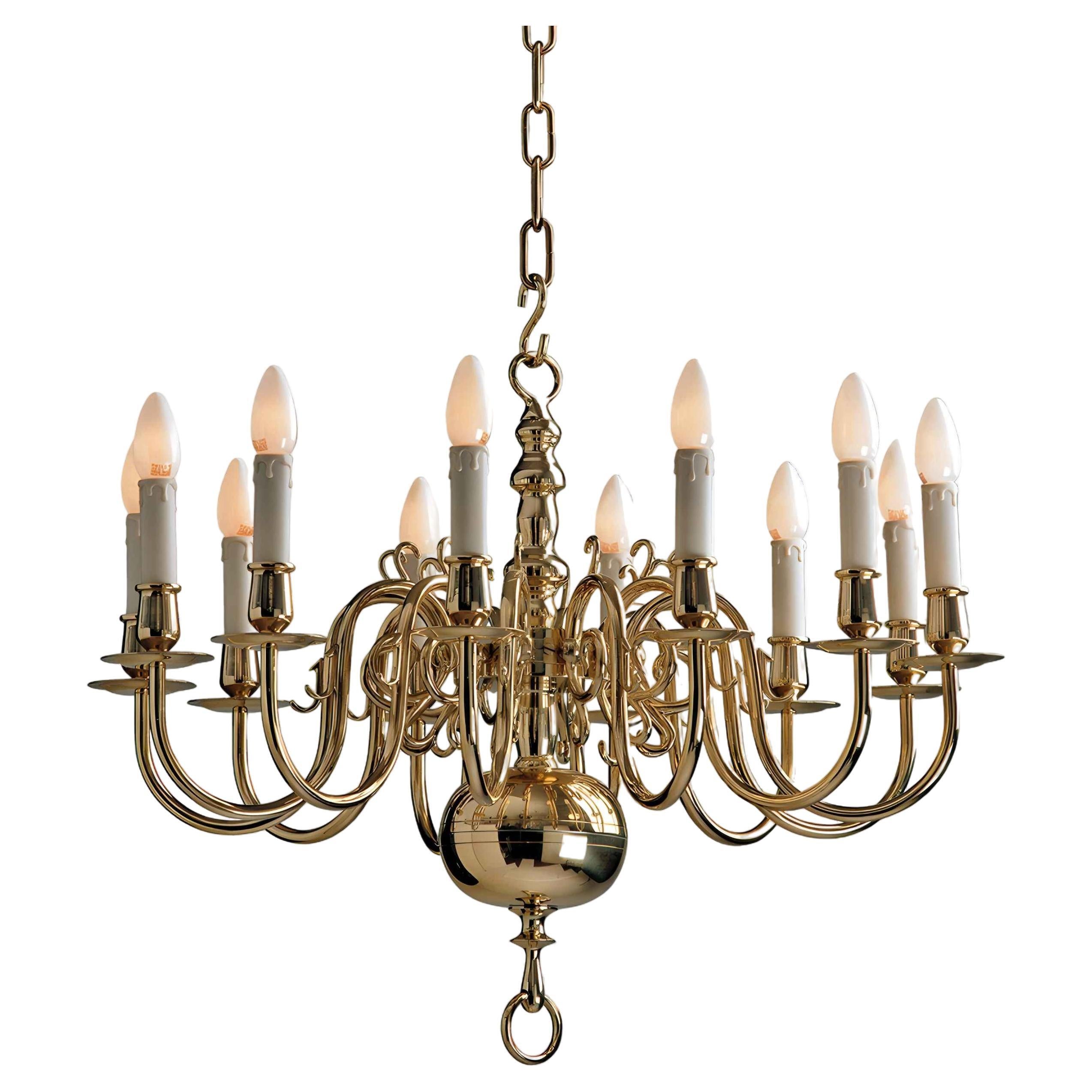 1 Tier 19th Century Electric Model Dutch Brass Chandelier with 12 Lights H57xW74 For Sale