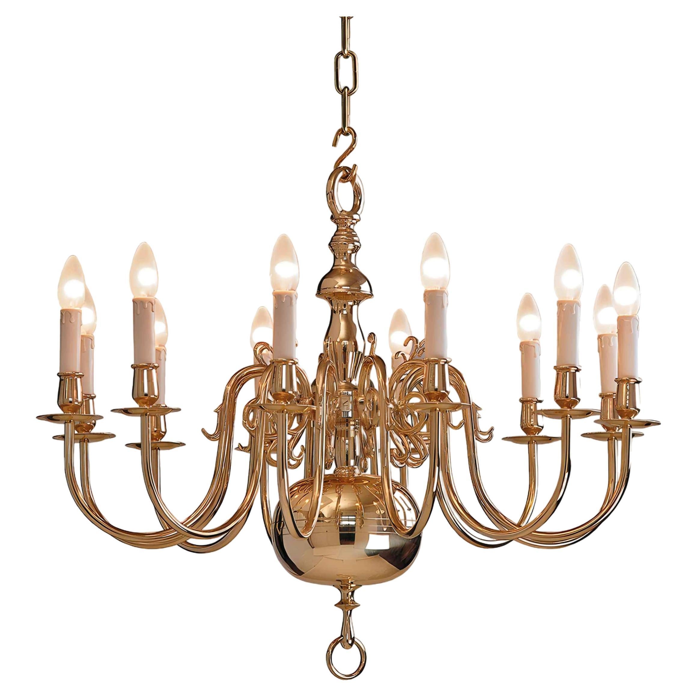 1 Tier 19th Century Electric Model Dutch Brass Chandelier with 12 Lights H65xW82 For Sale