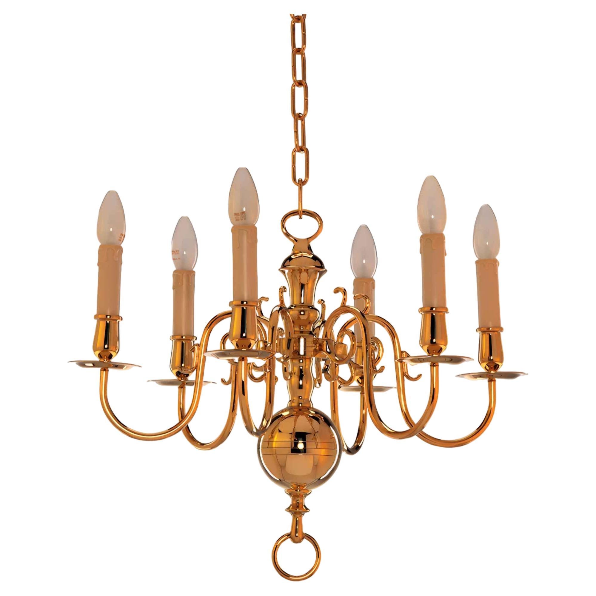Lampadario elettrico a 1 piano in ottone olandese del XIX secolo con 6 luci H45xW54