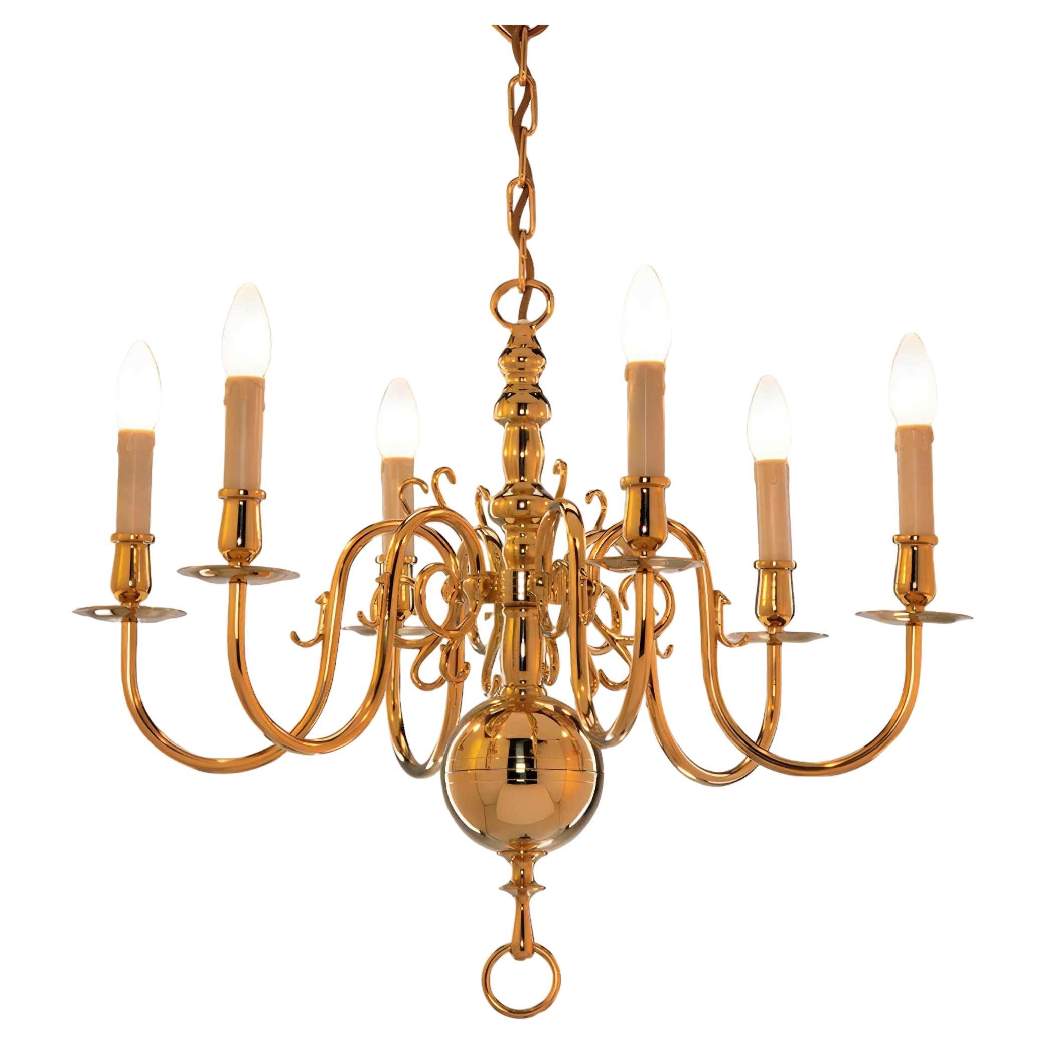 1 Tier 19th Century Electric Model Dutch Brass Chandelier with 8 Lights H50xW56 For Sale