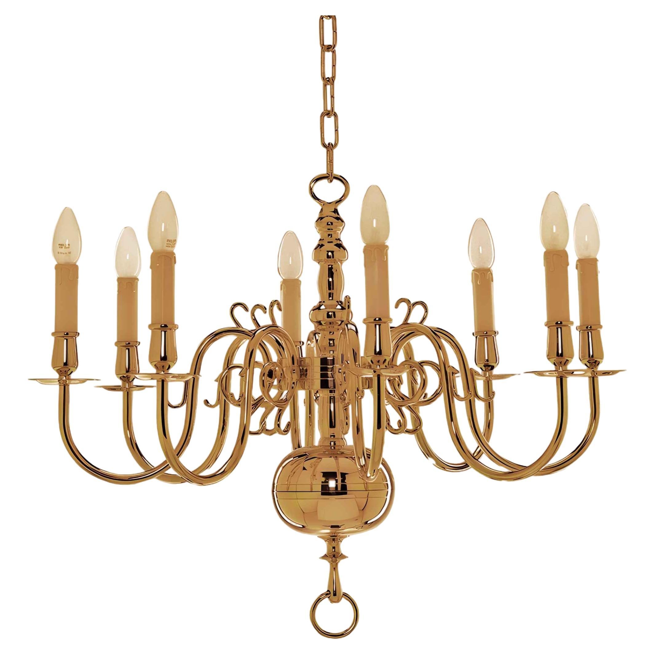1 Tier 19th Century Electric Model Dutch Brass Chandelier with 8 Lights H57xW74 For Sale