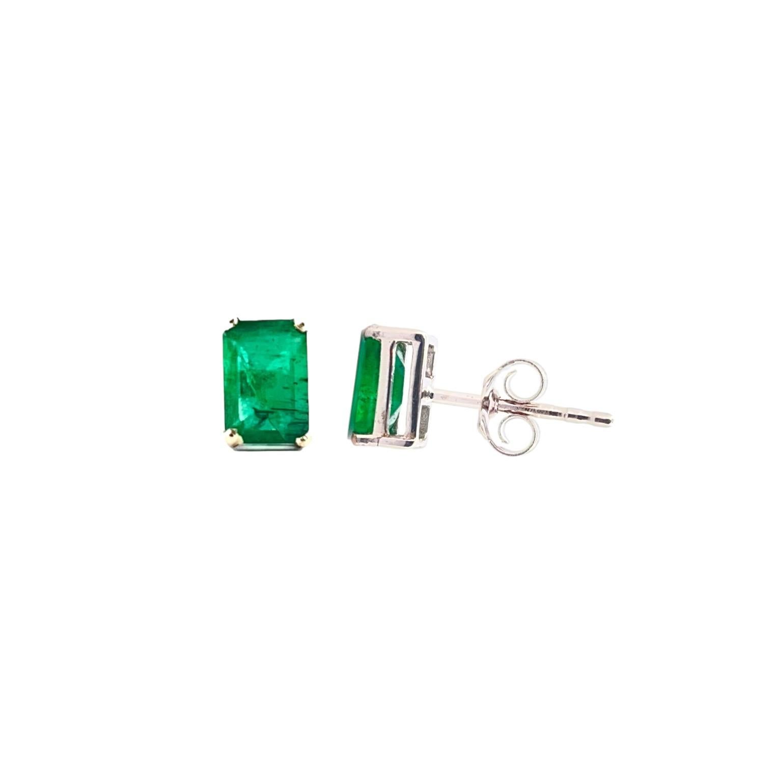 Emerald Cut 1 to 1.05 Ct Emerald Gemstone Stud Earrings - 14K White Gold For Sale