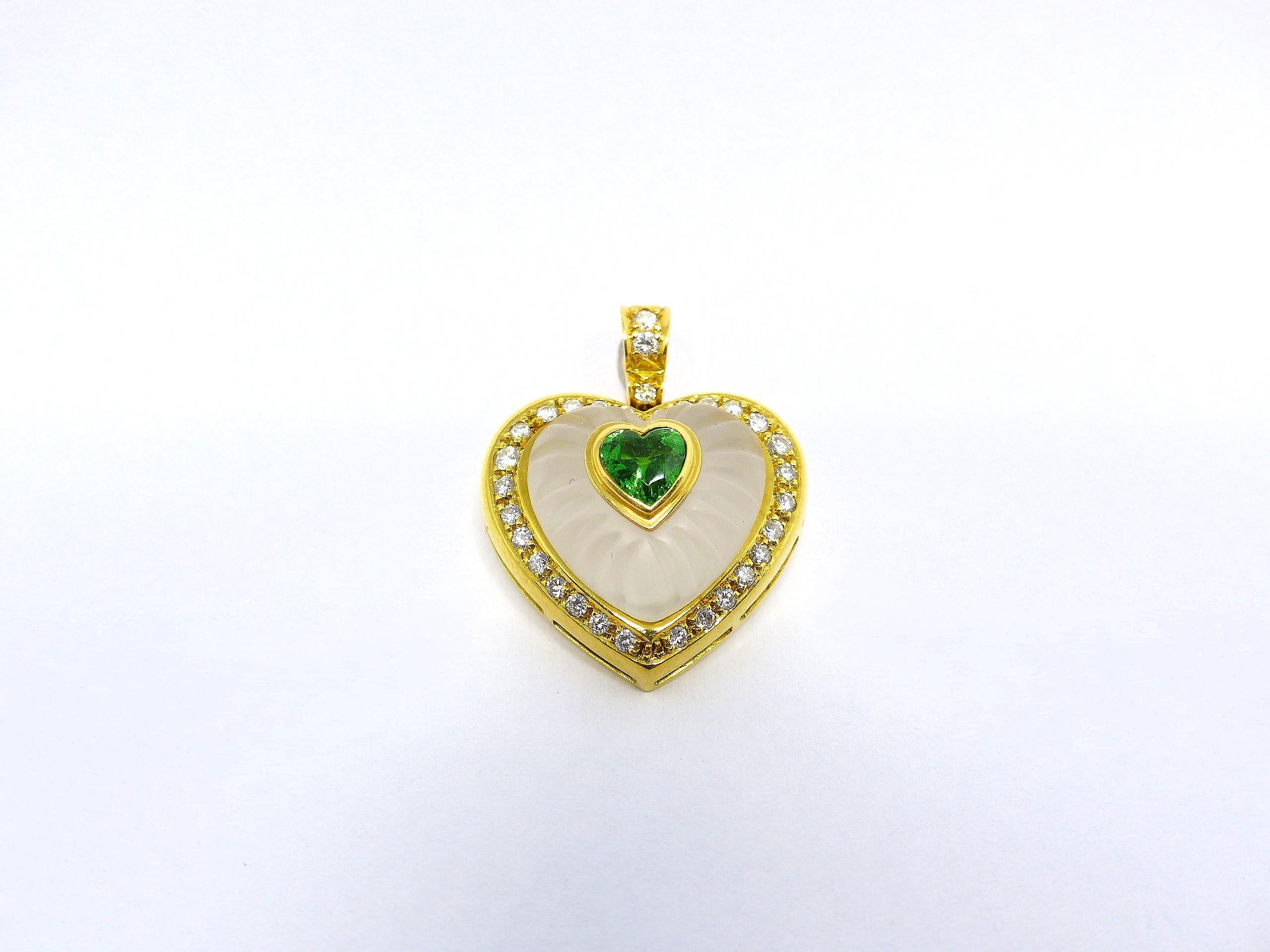 Heart Cut Pendant in Yellow Gold with 1 Tsavorite and 1 Rock Crystal and Diamonds For Sale