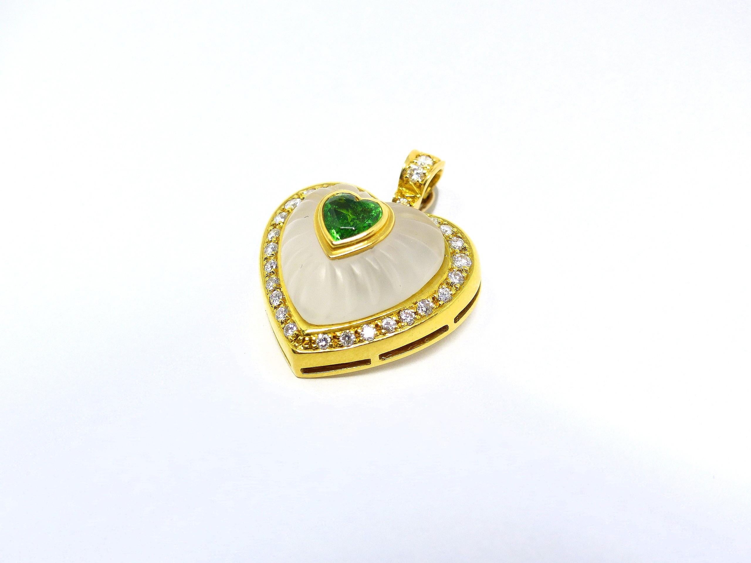 Women's Pendant in Yellow Gold with 1 Tsavorite and 1 Rock Crystal and Diamonds For Sale