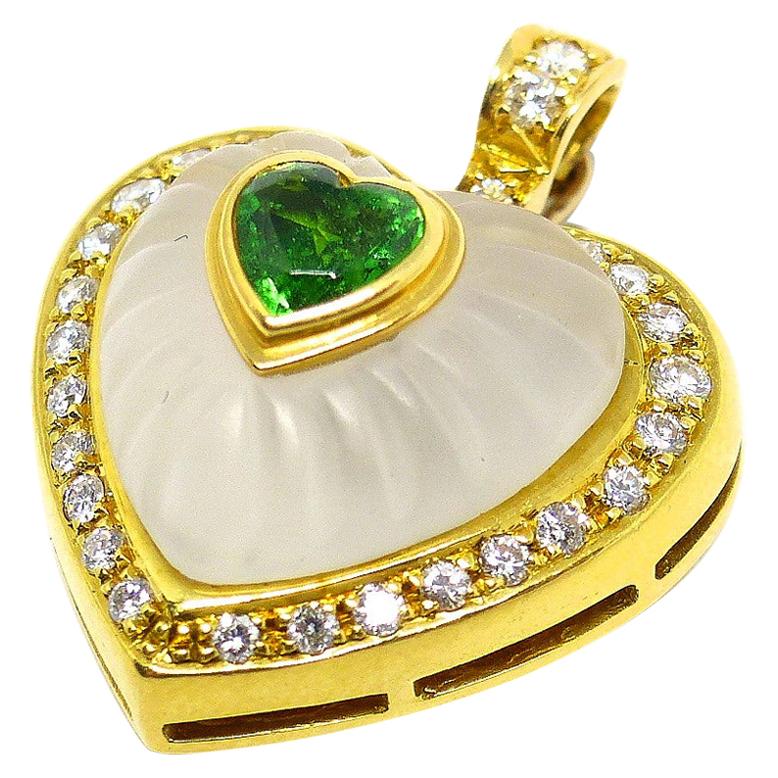 Pendant in Yellow Gold with 1 Tsavorite and 1 Rock Crystal and Diamonds