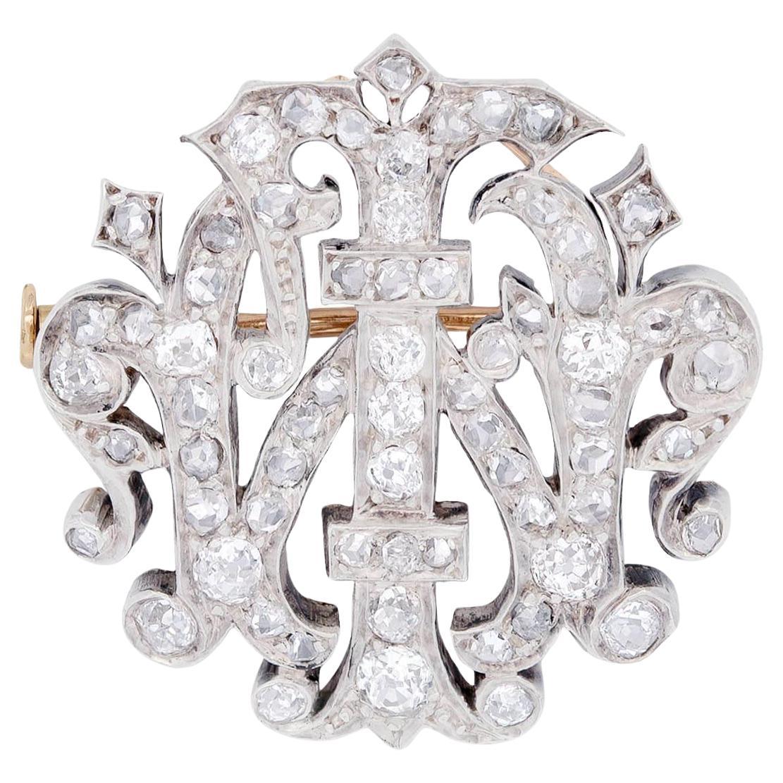 1 Épingle/pendentif victorienne en argent sterling 18 carats avec monogramme et diamants