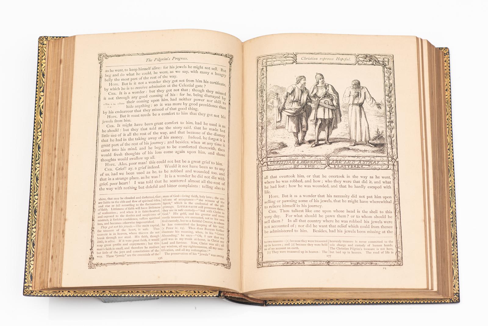 1 Vol. John Bunyan, The Pilgrim's Process, from this World to that Which is to Come [with] a True Relations of the Holy War Made by King Shaddai Upon Diabolus. Black Morocco bound. All edges gilt. Full-page and text wood-engraved illustrations by