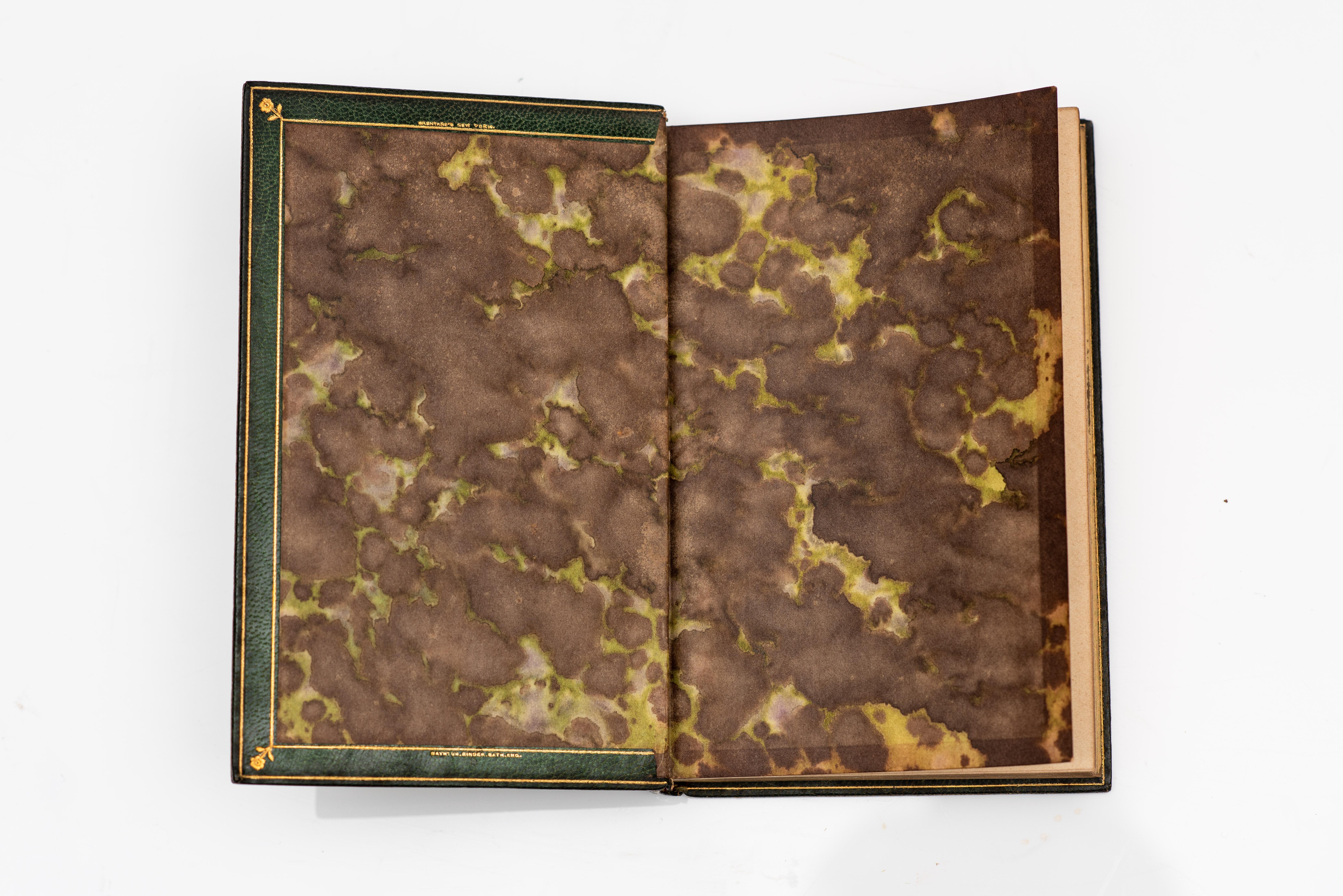 1 Volume. Alfred Lord Tennyson. Lyrical Poems. Edited & Annotated by Francis Palgrave. Bound in full green morocco by Bayntun, ornate floral gilt on covers and spine, raised bands, marbled endpapers. Published: London: MacMillan & Co., 1906. 