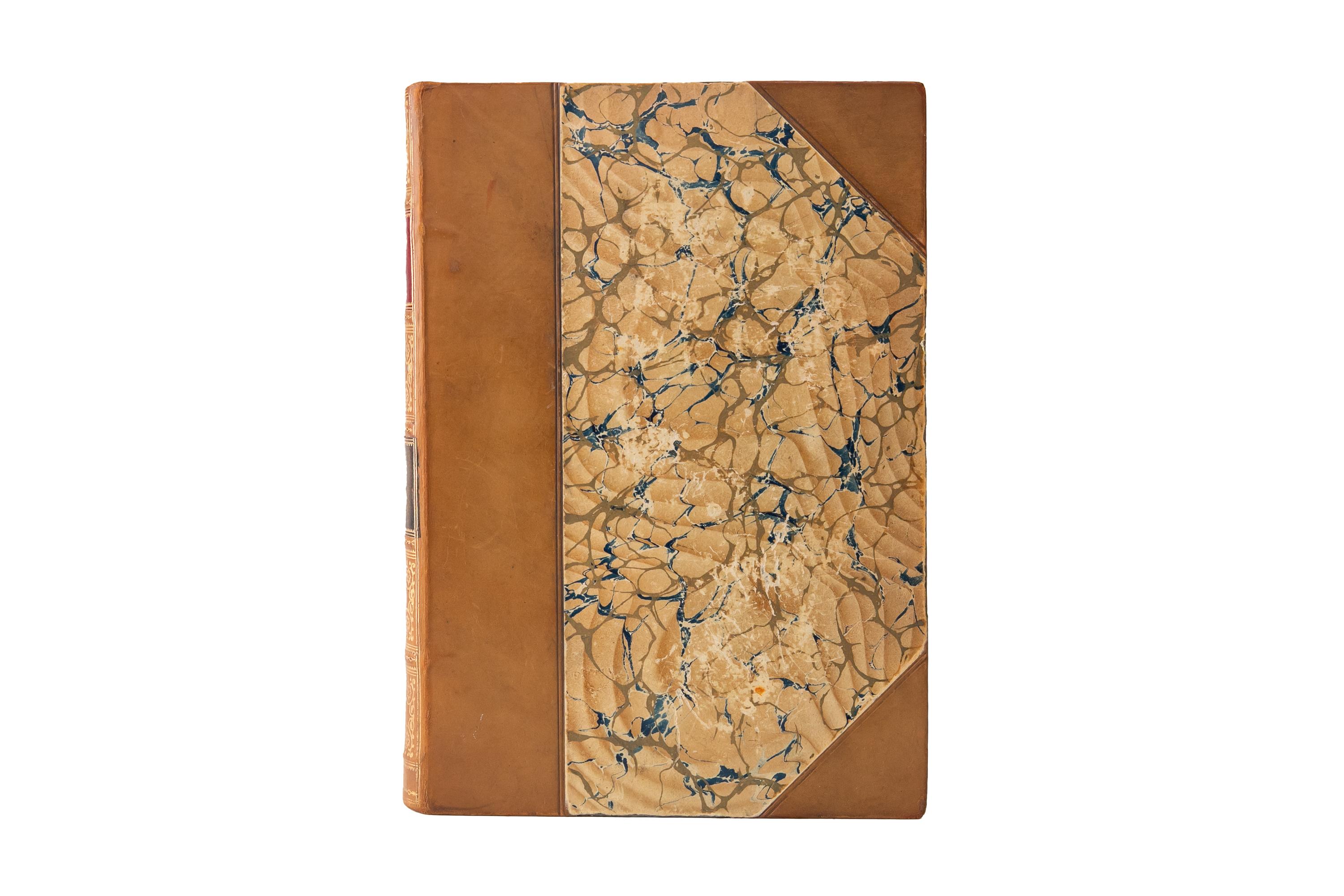 1 Volume. Alfred Lord Tennyson, the Poetical and Dramatic Works. Cambridge Edition. Bound in 3/4 tan calf and marbled boards. The Raised band spine is gilt-tooled with red and green morocco labels. The top edge is gilt with marbled endpapers. Edited
