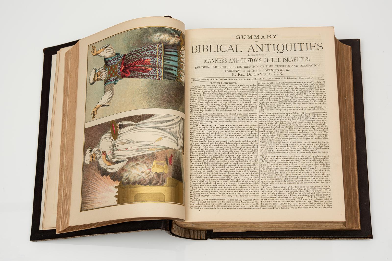 1 Volume. Anon. Holy Bible, Old And New Testaments. Bound in full black morocco, ornate gilt on covers and spines, all edges gilt, raised bands, profusely illustrated with color plates and black and white. Published: New York: C.R. Blackall & Co.