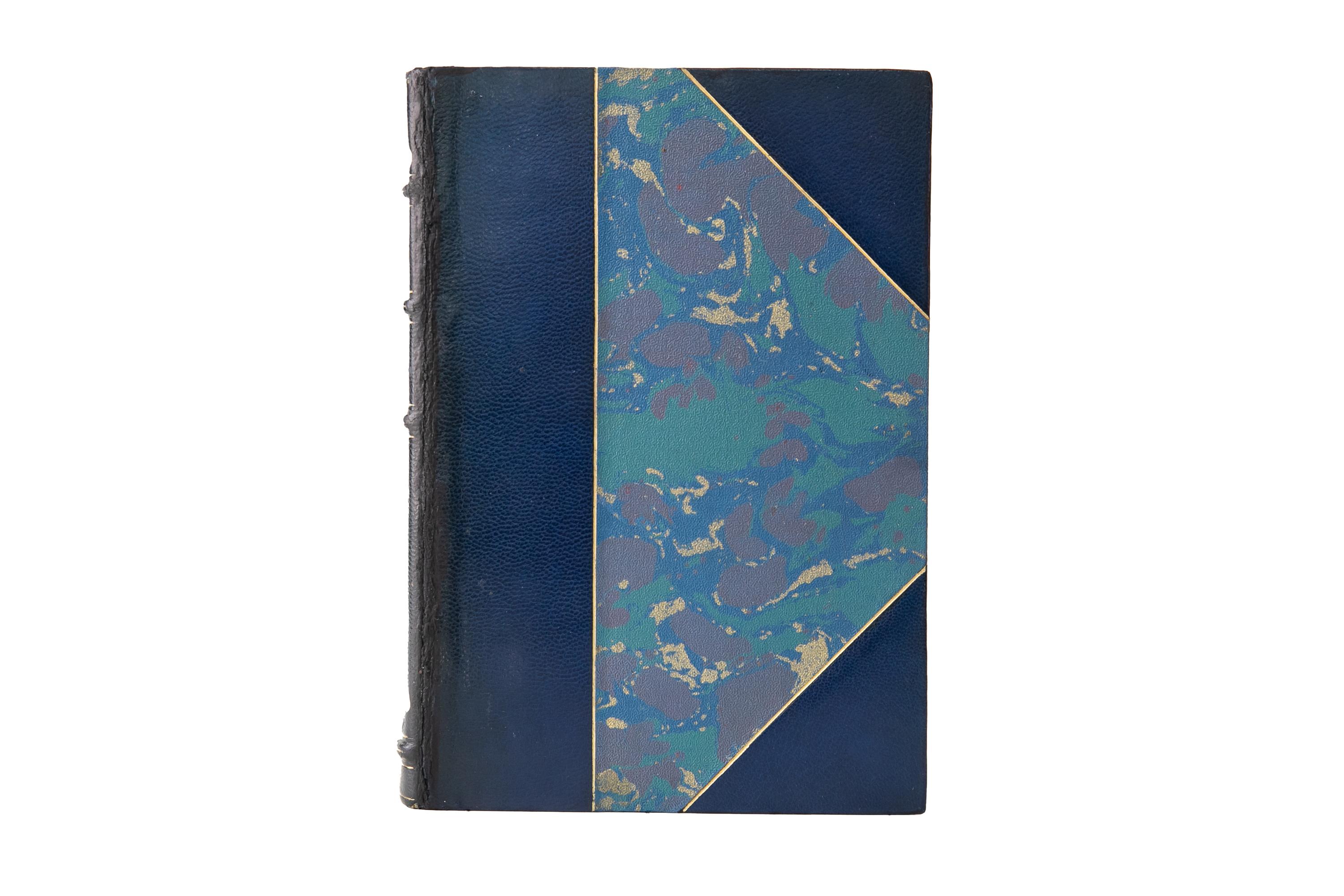 1 Volume. Auguste Rodin, Art. Bound in 3/4 blue morocco and marbled boards with the covers and raised band spine displaying gilt-tooled detailing. The top edge is gilt with marbled endpapers. Translated from the French of Paul Gsell by Mrs. Romilly
