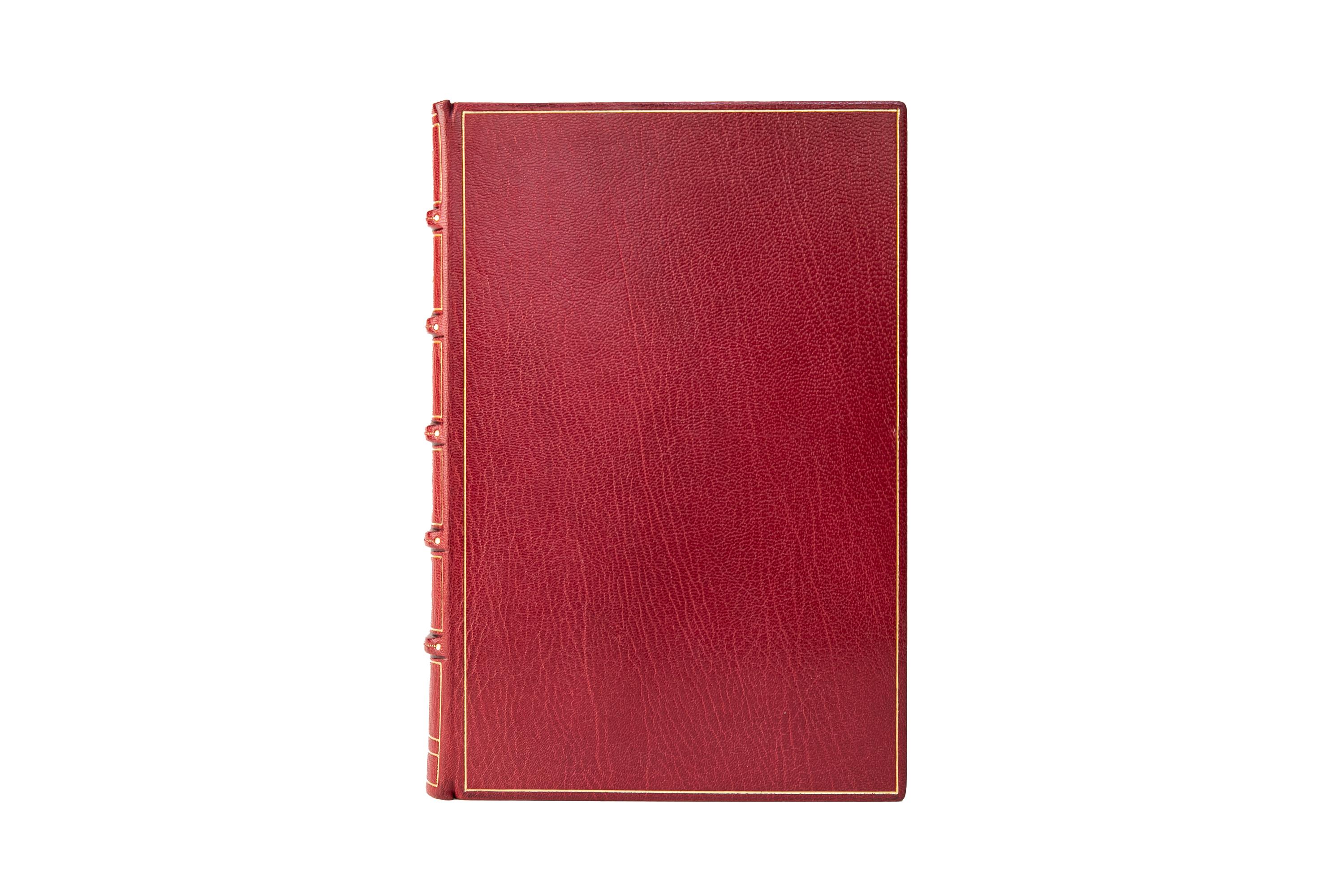 1 Volume. Ayn Rand, The Fountainhead. First Edition. Bound in full red morocco with gilt-tooled details on the covers and raised band spine. All edges gilt with gilt-tooled dentelles and marbled endpapers. Published by The Bobbs-Merrill Company in
