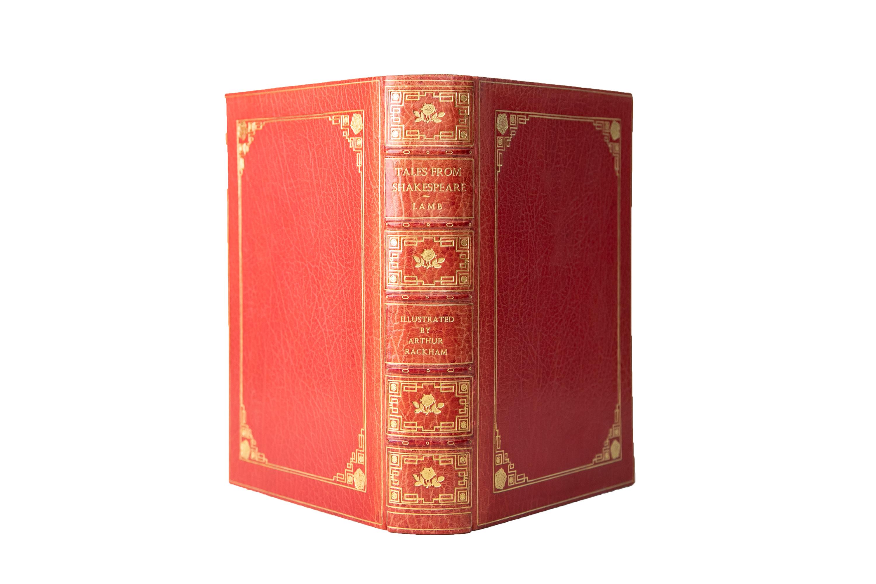 1 Volume. Charles & Mary Lamb, Tales From Shakespeare. Large Paper Edition. Bound by Bayntun in full red Morocco with the covers displaying a gilt-tooled border including floral corner flourishes. The spine displays raised bands, intricate panel