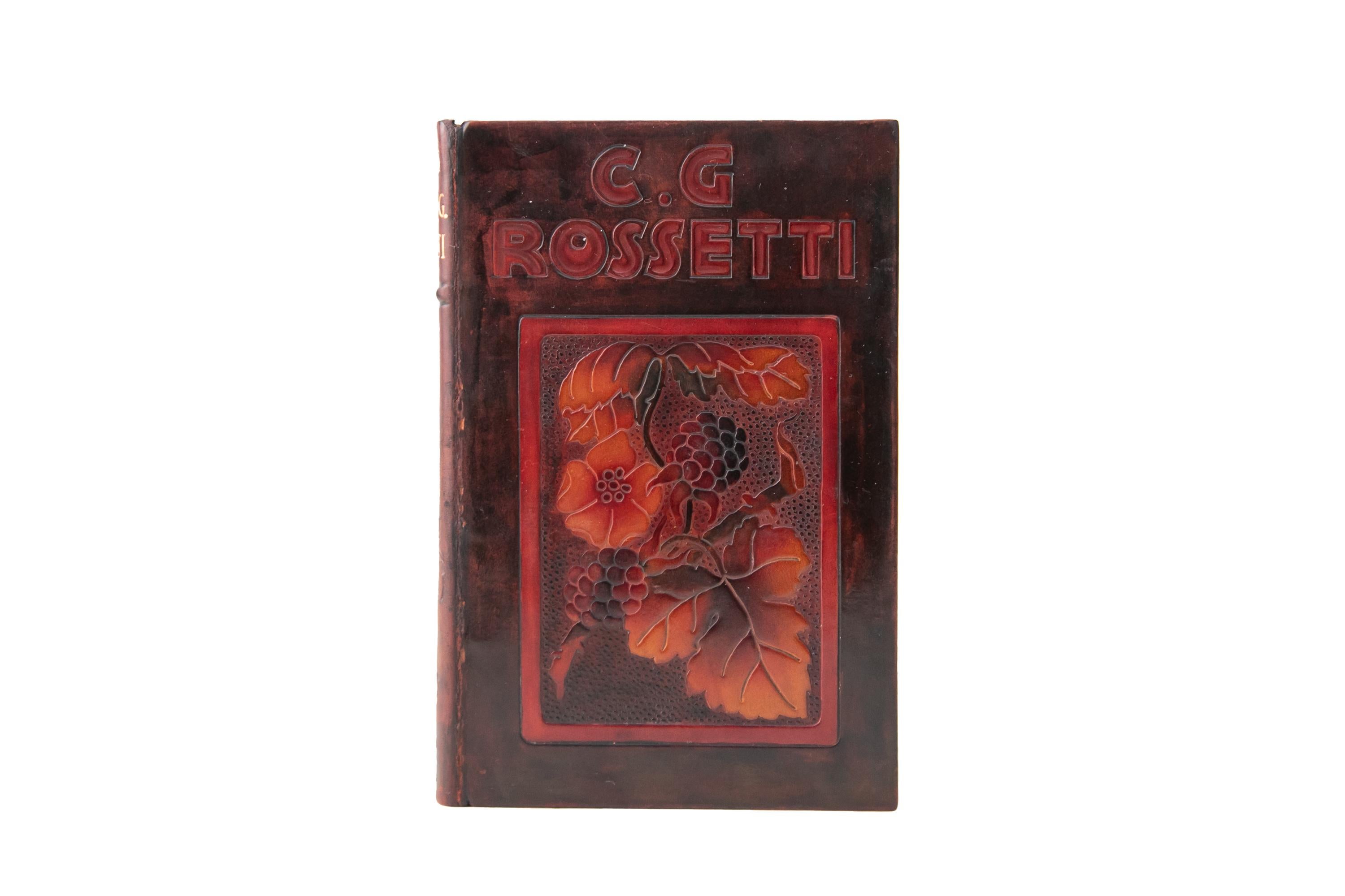 1 Volume. Christina Rossetti, Poems. Bound by Riviere & Son in multi-color calf with the covers displaying the author's name in red and a depiction of flowers and leaves in autumnal colors. The spine displays one raised band, open-tooled leaf
