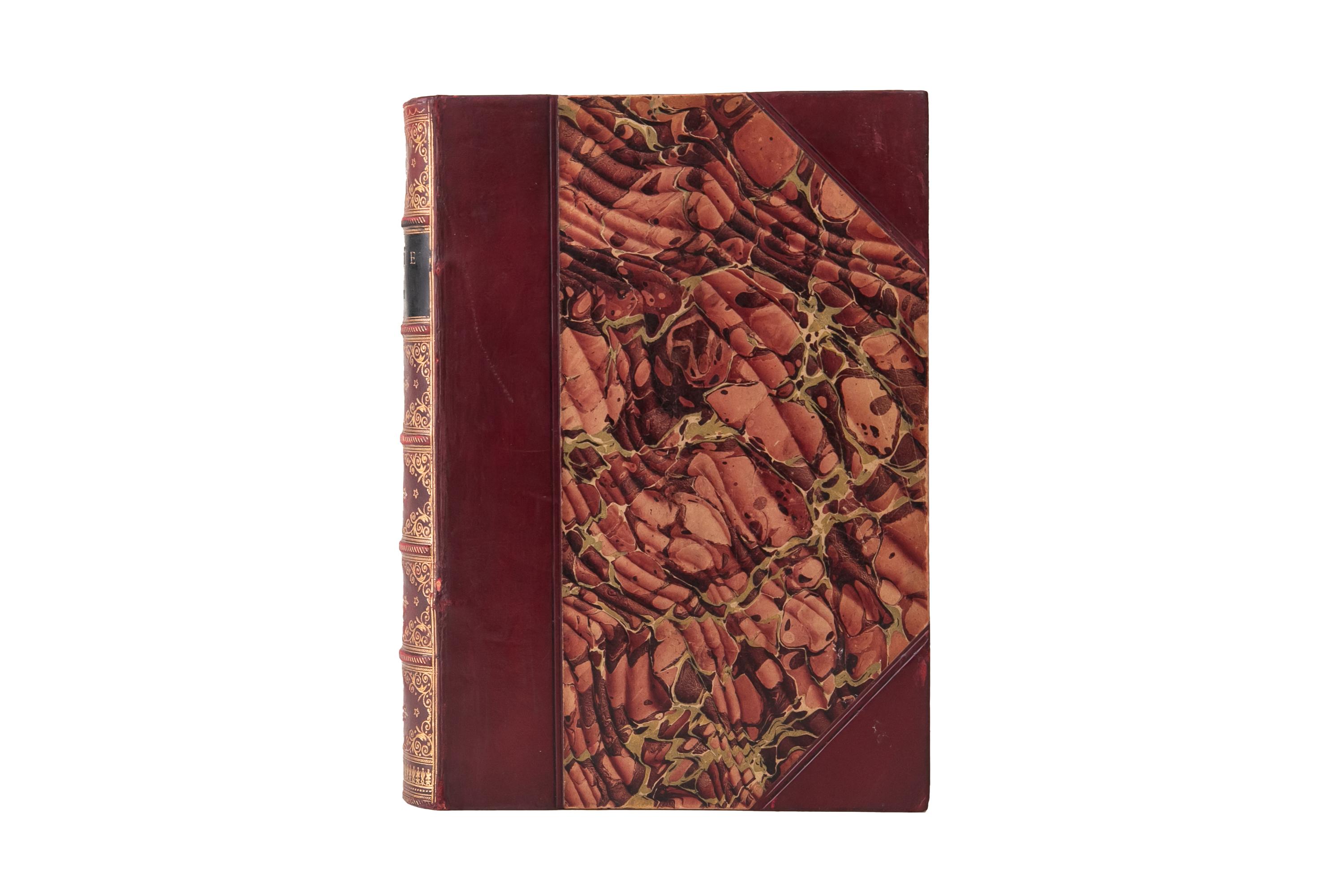 1 Volume. Dante Alighieri, The Vision. Bound in 3/4 wine calf decorated in gilt-tooling with a black morocco label. All edges marbled and marbled endpapers. Translated by Henry Francis Cary. Includes the life of Dante, a chronological view of his