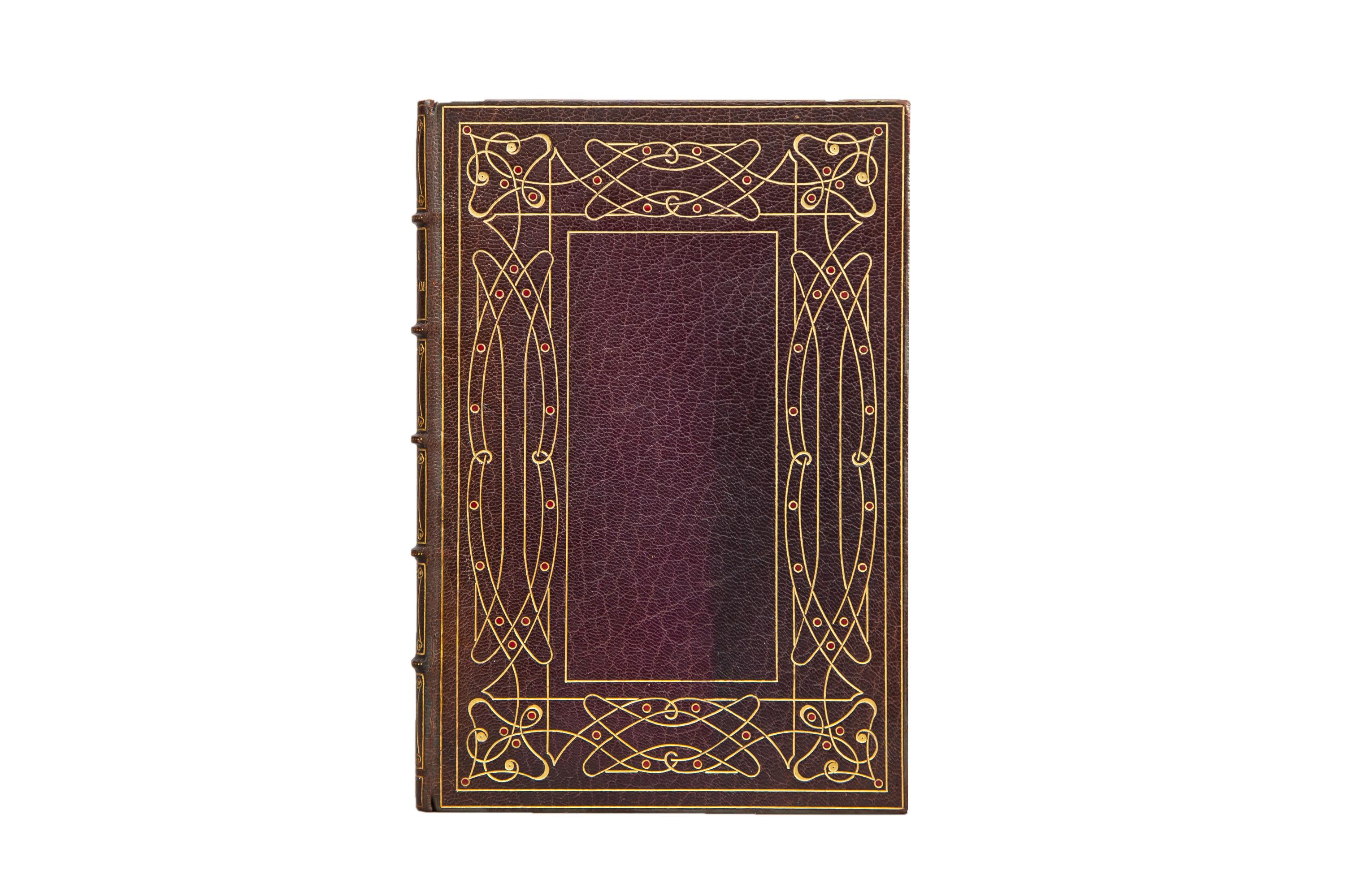 1 Volume. Edward Fitzgerald, Rubáiyát of Omar Khayyám. Bound in full purple morocco. The front cover displays gilt detailing and small dotted details in red morocco. Raised band spine gilt with gilt bordered panels and title. All edges are gilt with