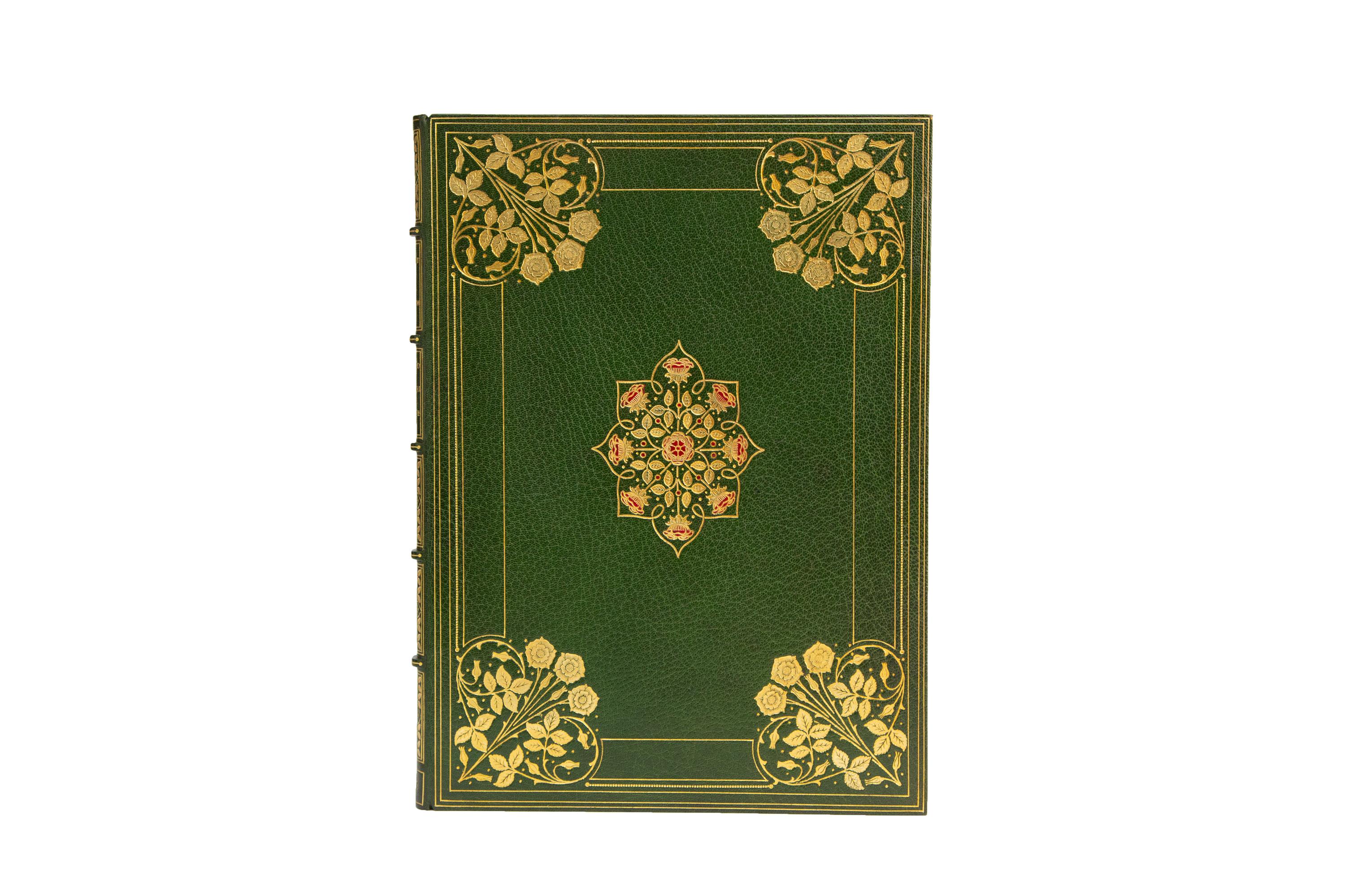 1 Volume. Edward Fitzgerald, Rubaiyat of Omar Khayyam. Bound, reproduced from a manuscript and illuminated by Sangorski & Sutcliffe. Bound in full green morocco with the cover displaying ornate floral corner detailing and a ruled gilt border as well