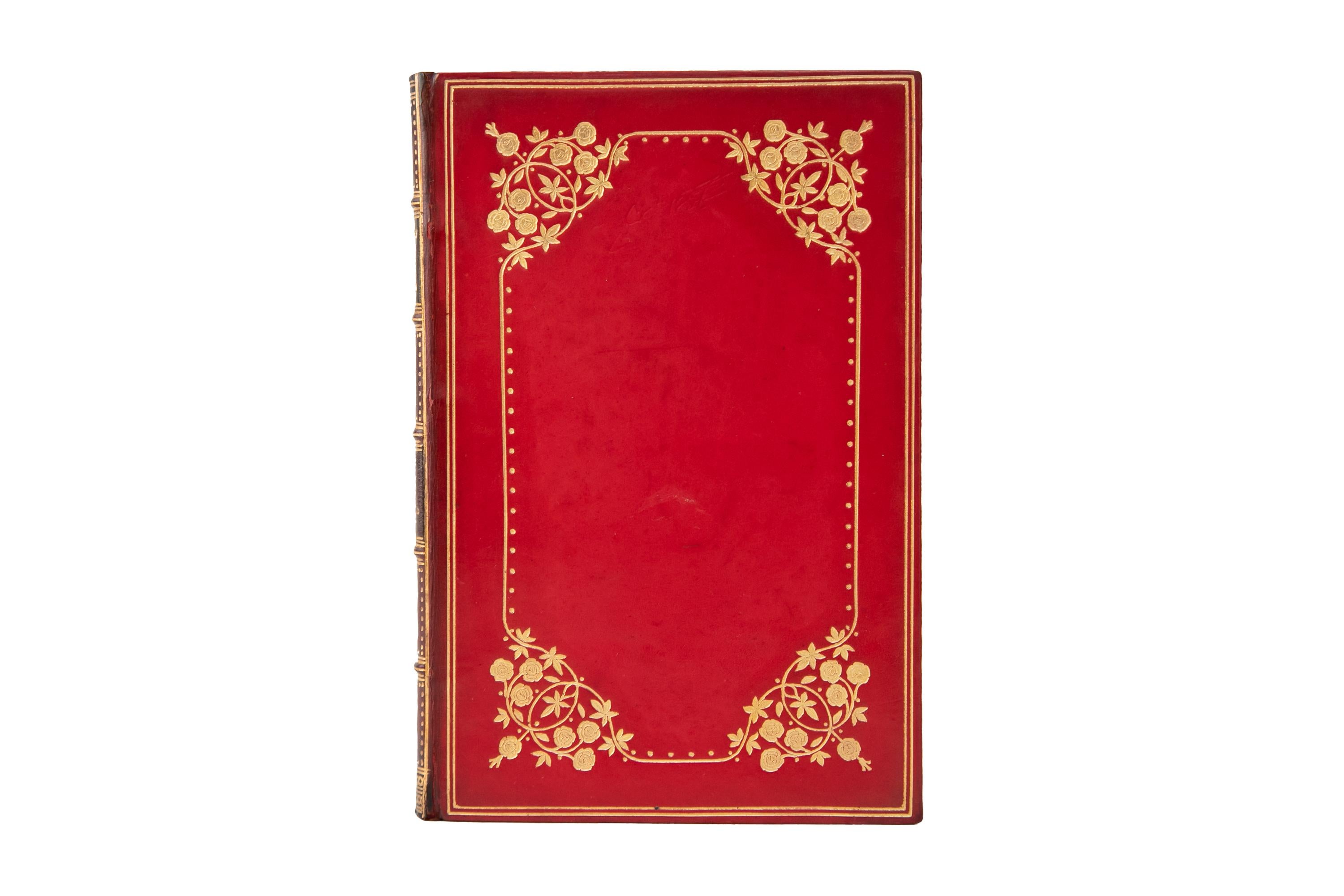 1 Volume. Edward Fitzgerald, Rubáiyát of Omar Khayyám. Bound in full red calf with the covers displaying an ornate floral gilt-tooled border. The spine displays raised bands and ornate gilt-tooled detailing with green and brown morocco labels. All