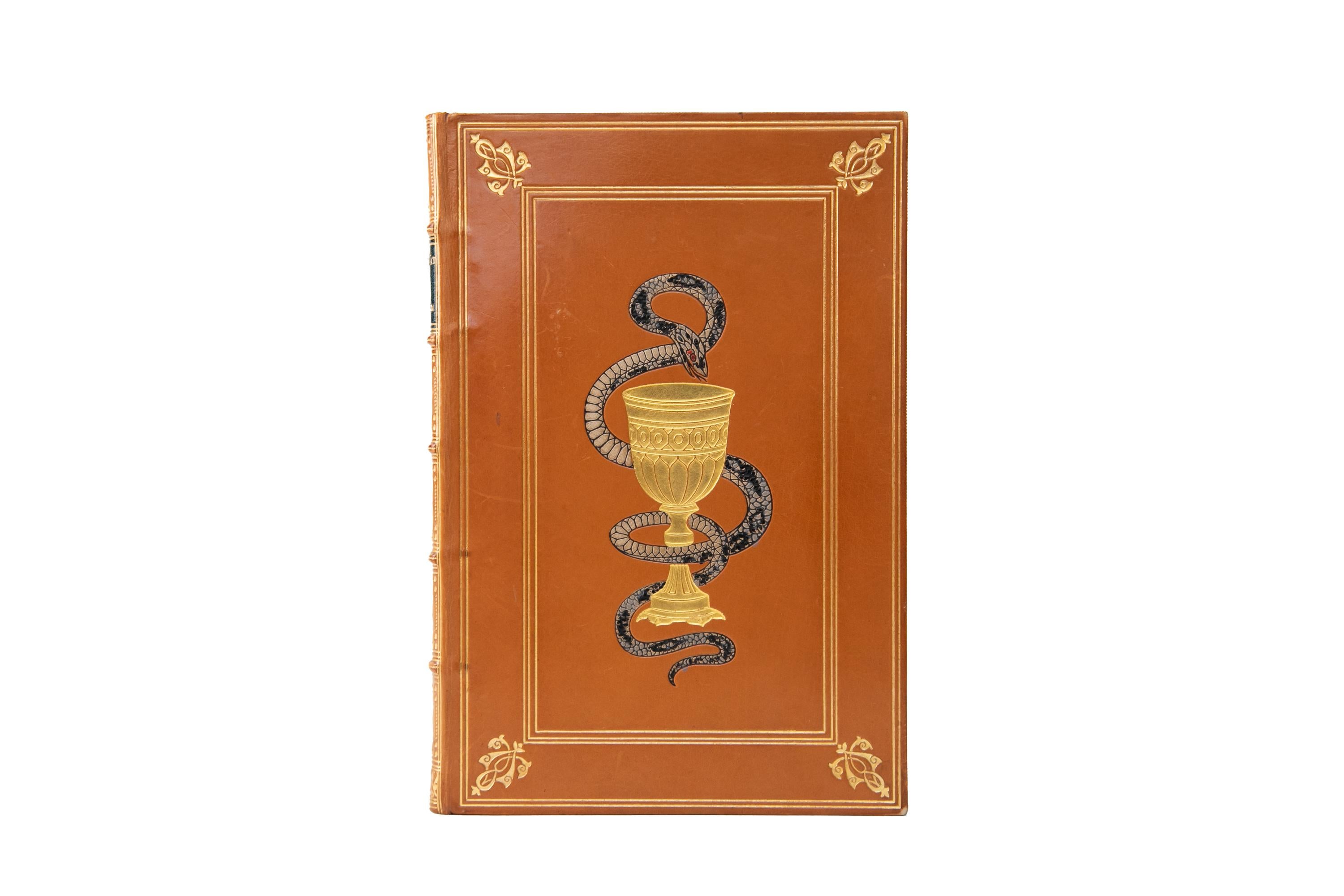 1 Volume. Edward Fitzgerald, Rubáiyát of Omar Khayyám. Bound by Riviere & Son in full orange calf with the cover displaying a multi-color inlay snake around a gilt-tooled challis and gilt-tooled bordering details. Raised band spine with gilt-tooled