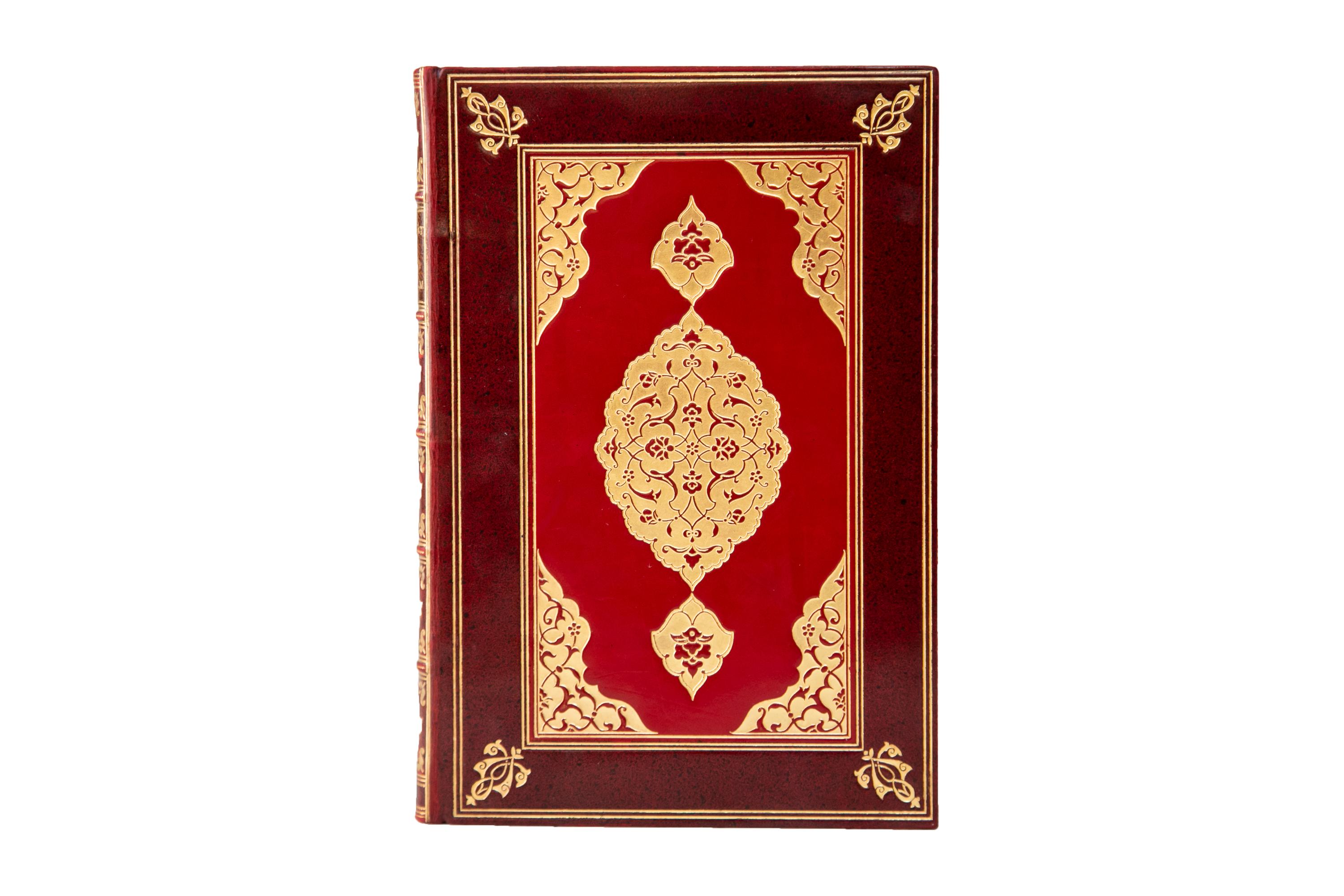 1 Volume. Edward Fitzgerald, The Rubáiyát of Omar Khayyám. Special Edition. Bound by Rivière & Sons in full red calf with the covers displaying bordering, ornate, and detailed floral detailing centrally and in the corners, and speckled red calf