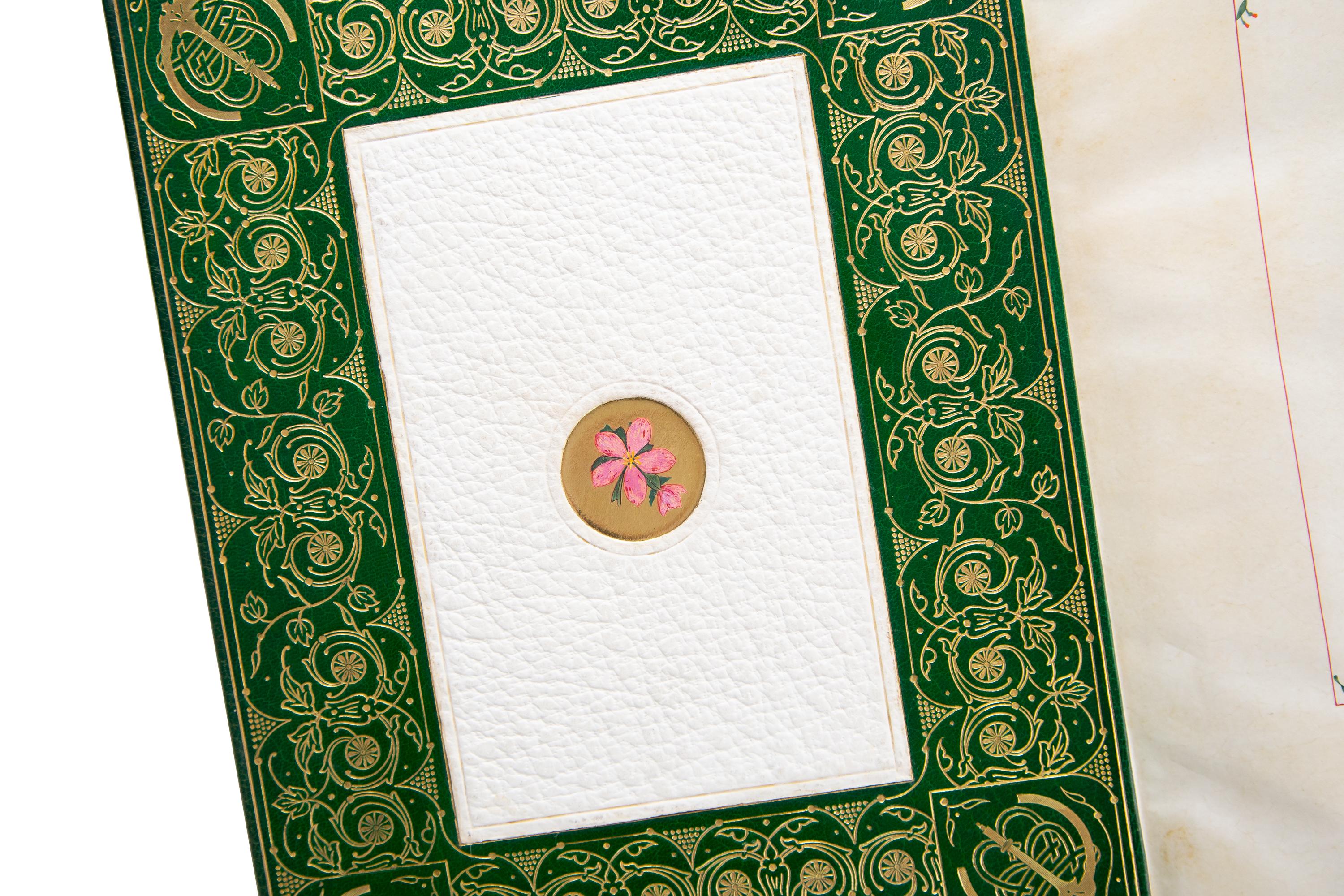 1 Volume. Elizabeth Barrett Browning, Sonnets from the Portuguese. Limited Edition. Bound by St. Dunstan and illuminated by Ross Turner in full green morocco. The covers display incredibly ornate gilt tooling around the edges as well as lighter